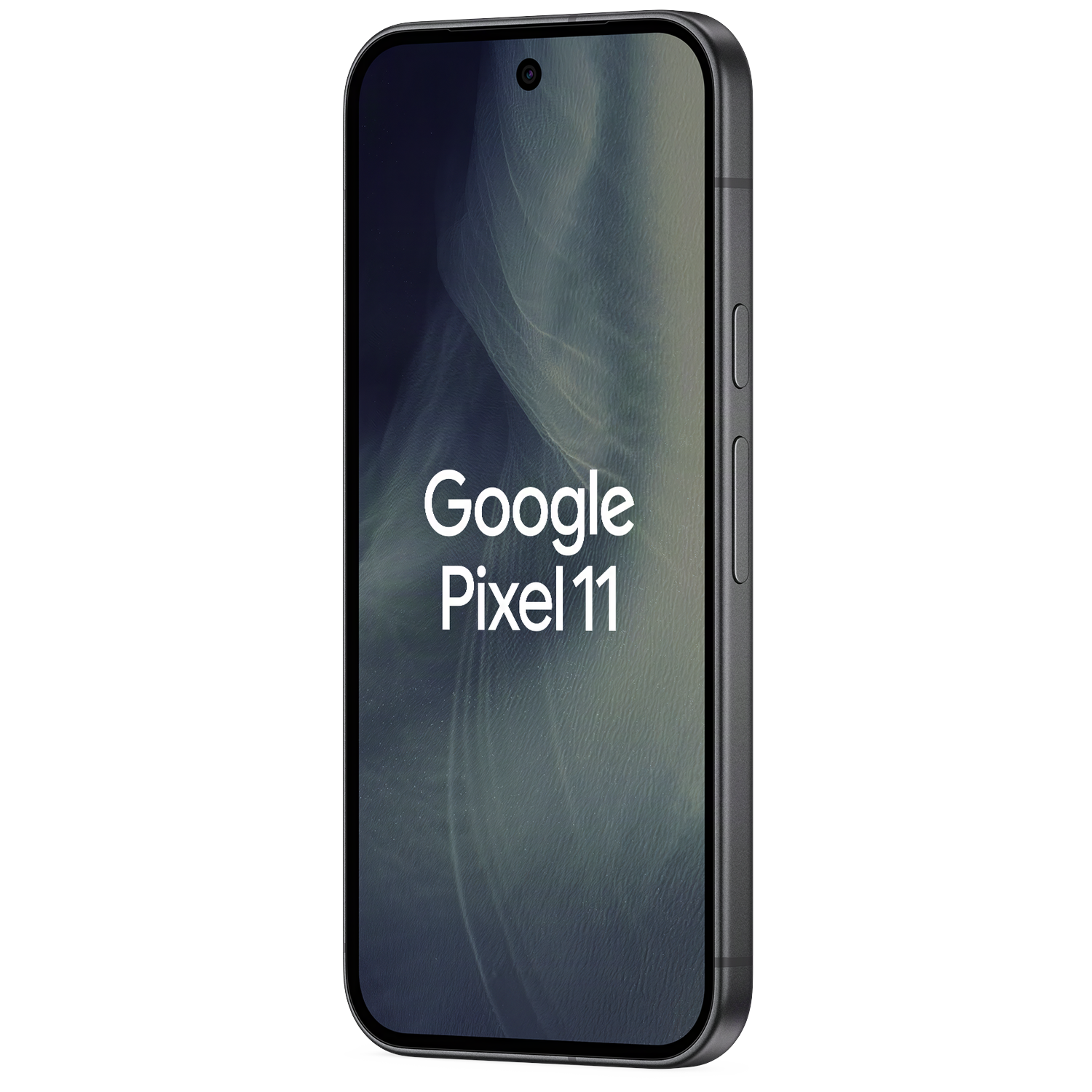 Een donkere Google Pixel 11 smartphone toont de tekst 'Google Pixel 11' op het scherm.