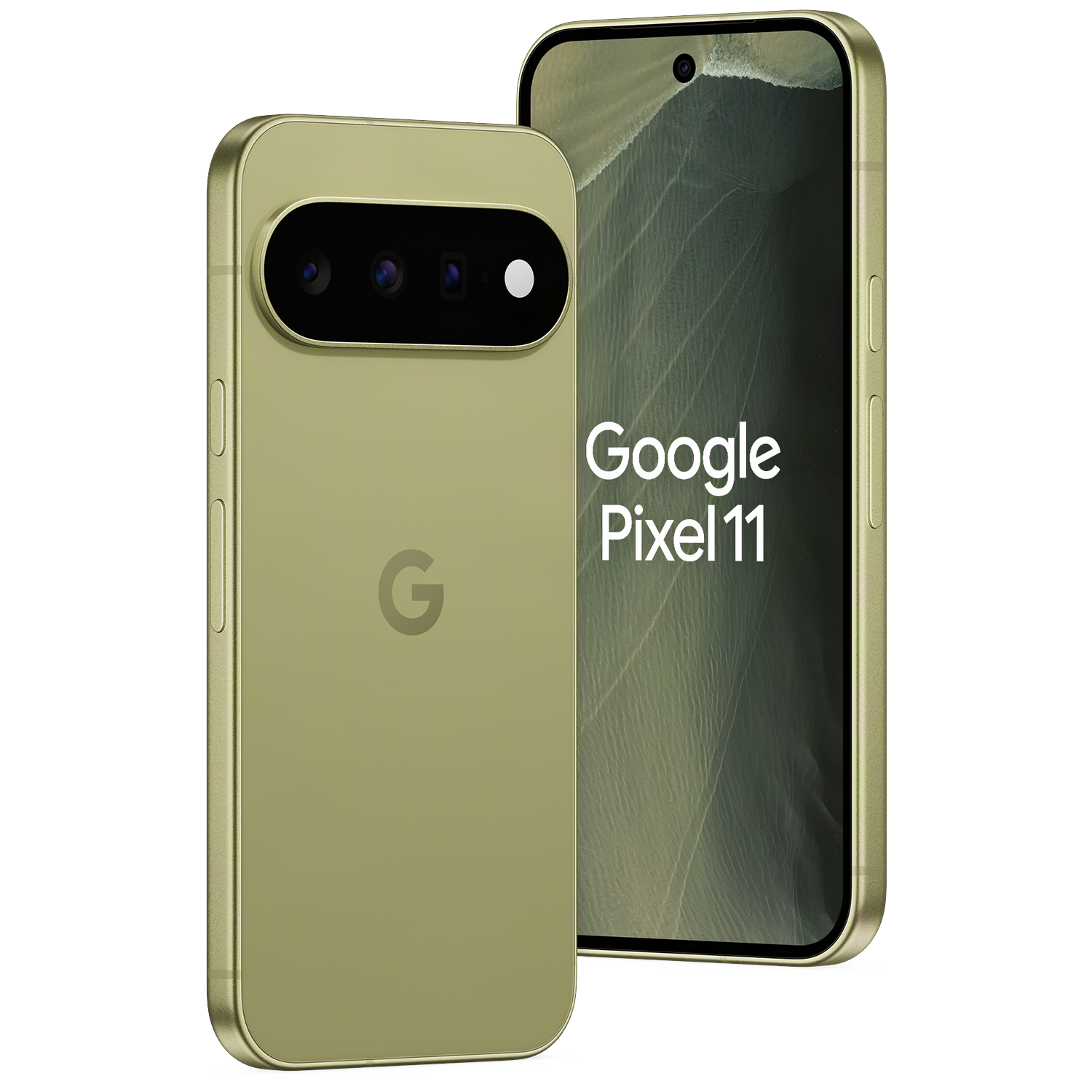 Twee olijfgroene Google Pixel 11 smartphones tegen een zwarte achterkant, met voor- en achteraanzicht.