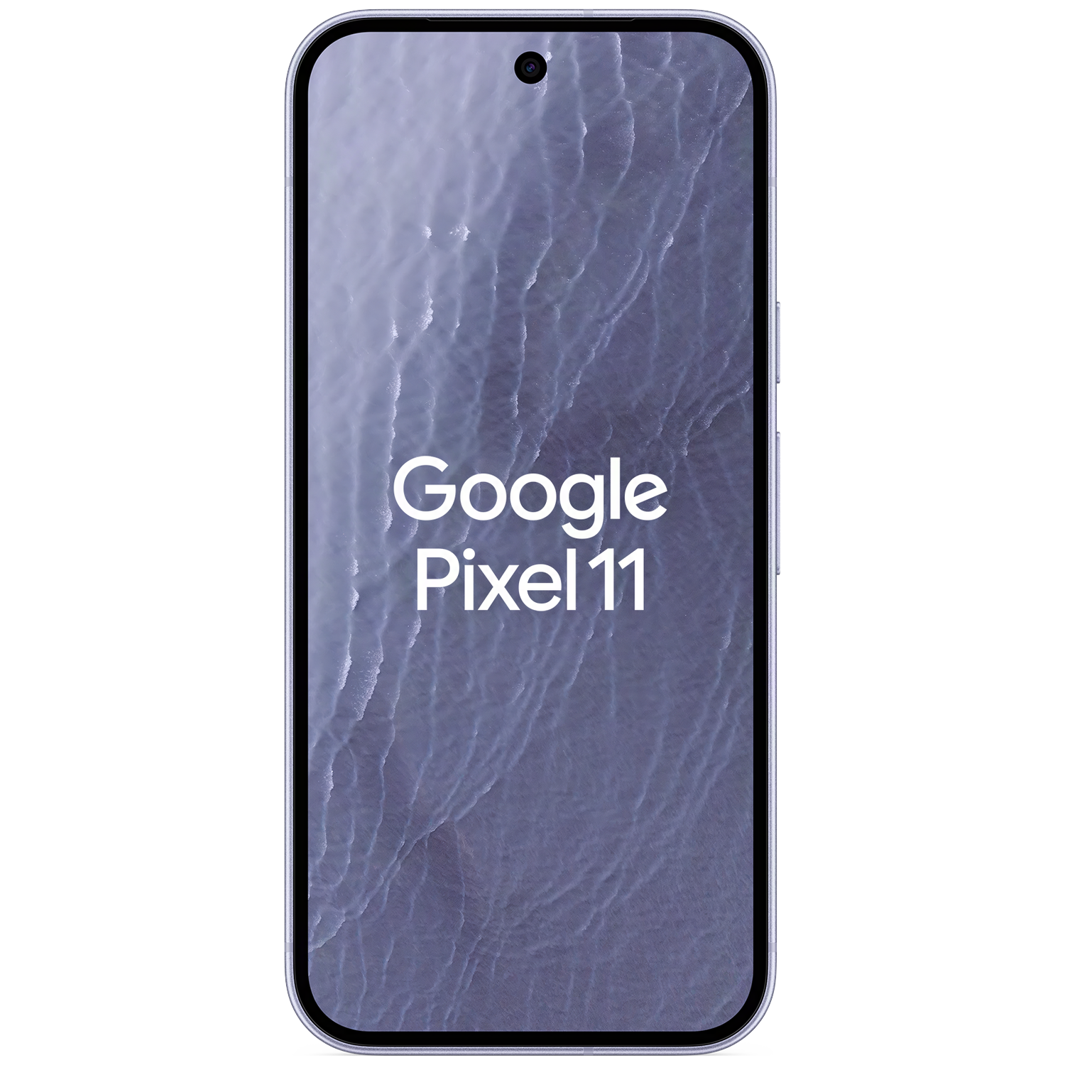 Een witte Google Pixel 11 smartphone toont de tekst tegen een achtergrond met een golvend patroon.