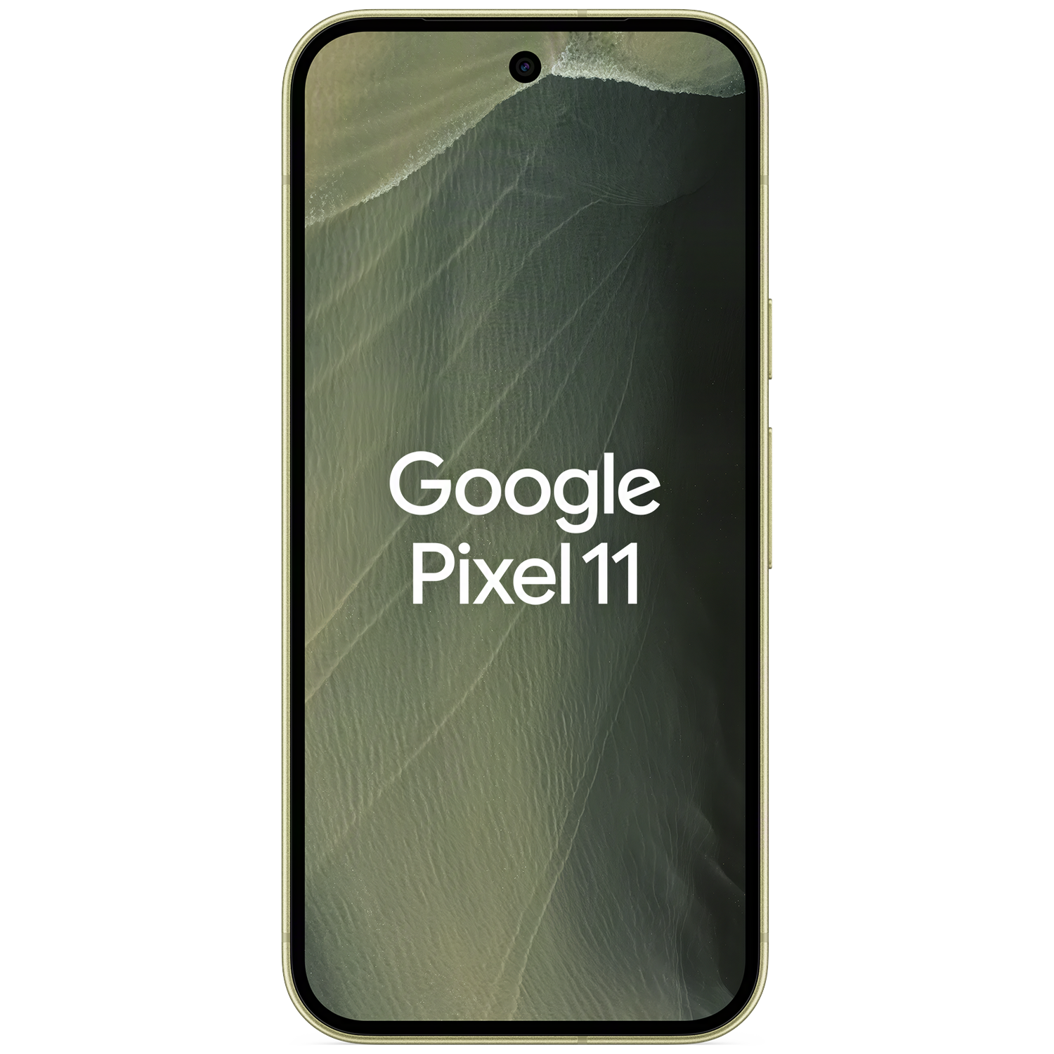 Een gouden Google Pixel 11 smartphone toont een groen landschapsbehang.