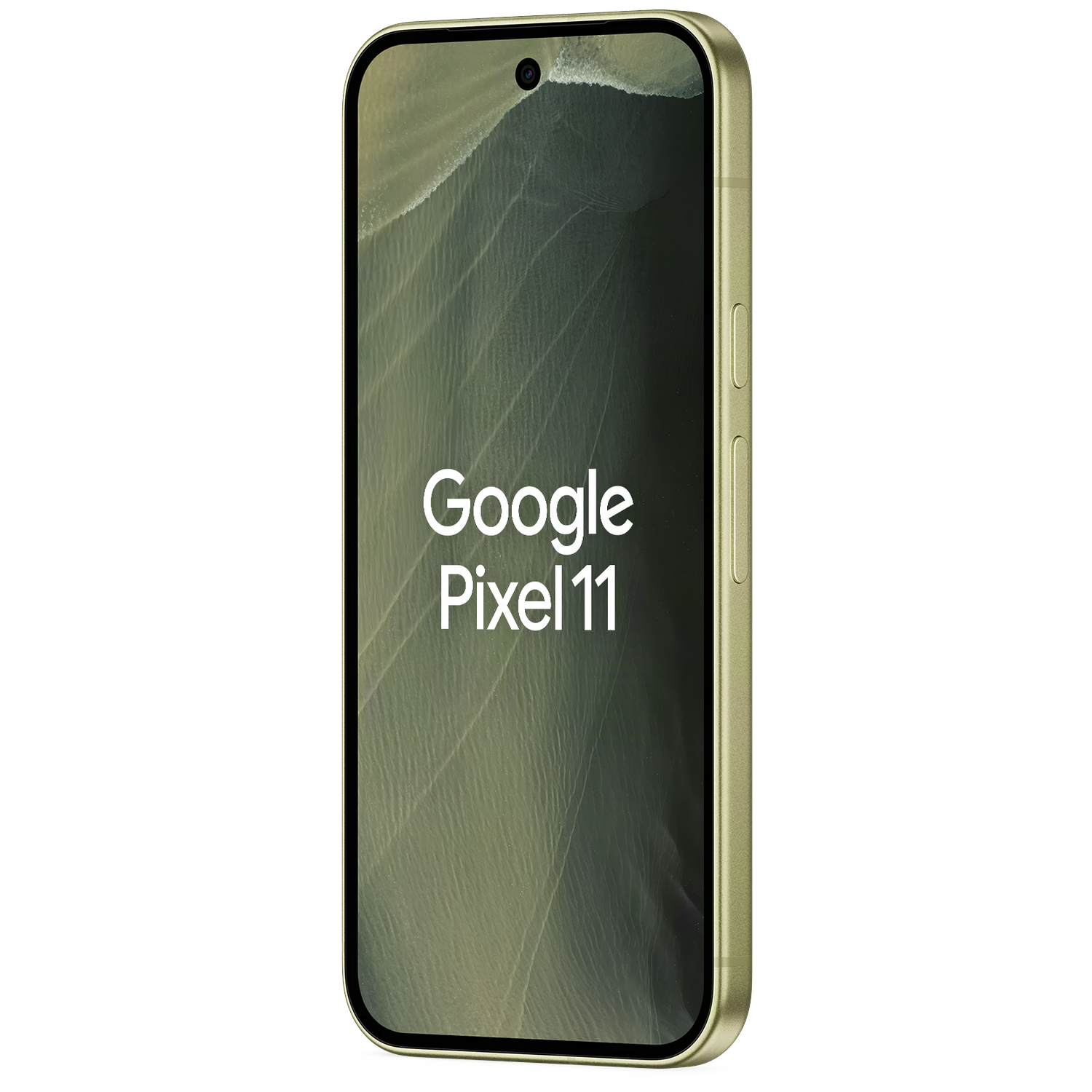 Goudkleurige Google Pixel 11 smartphone schuin tegen zwarte achtergrond.
