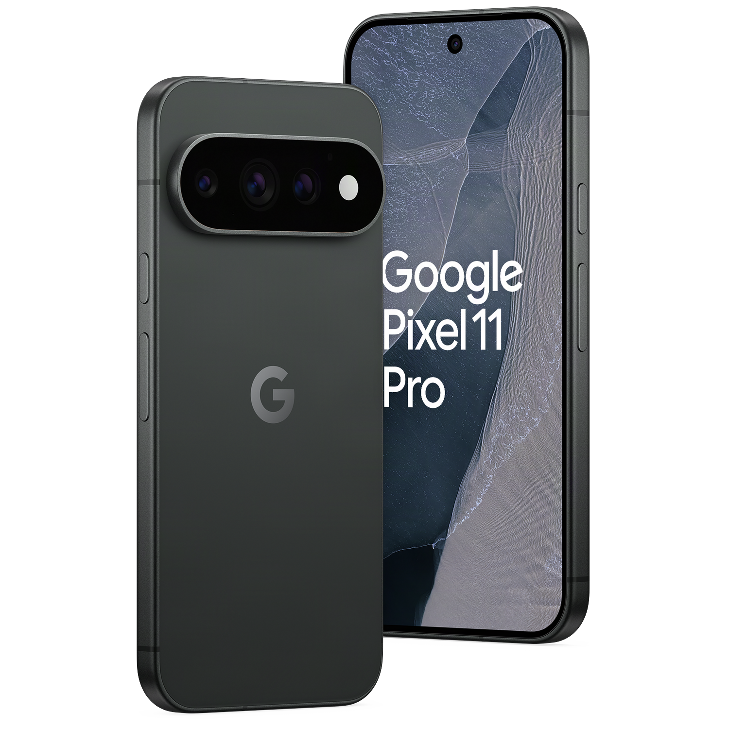 Twee grijze Google Pixel 11 Pro-smartphones op een zwarte achtergrond, met het scherm en de achterkant met camera.