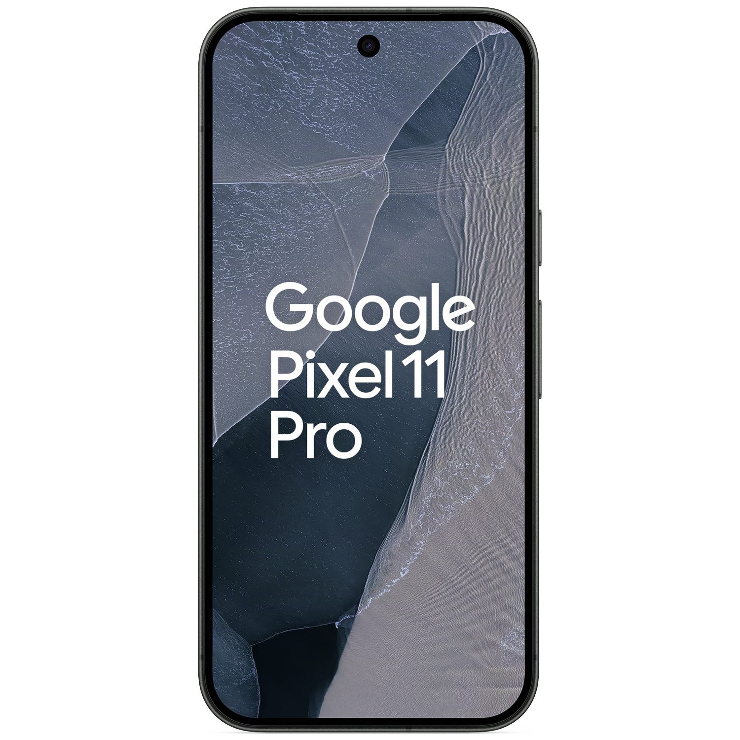 Een donkere smartphone toont de tekst Google Pixel 11 Pro tegen een abstracte grijze achtergrond.