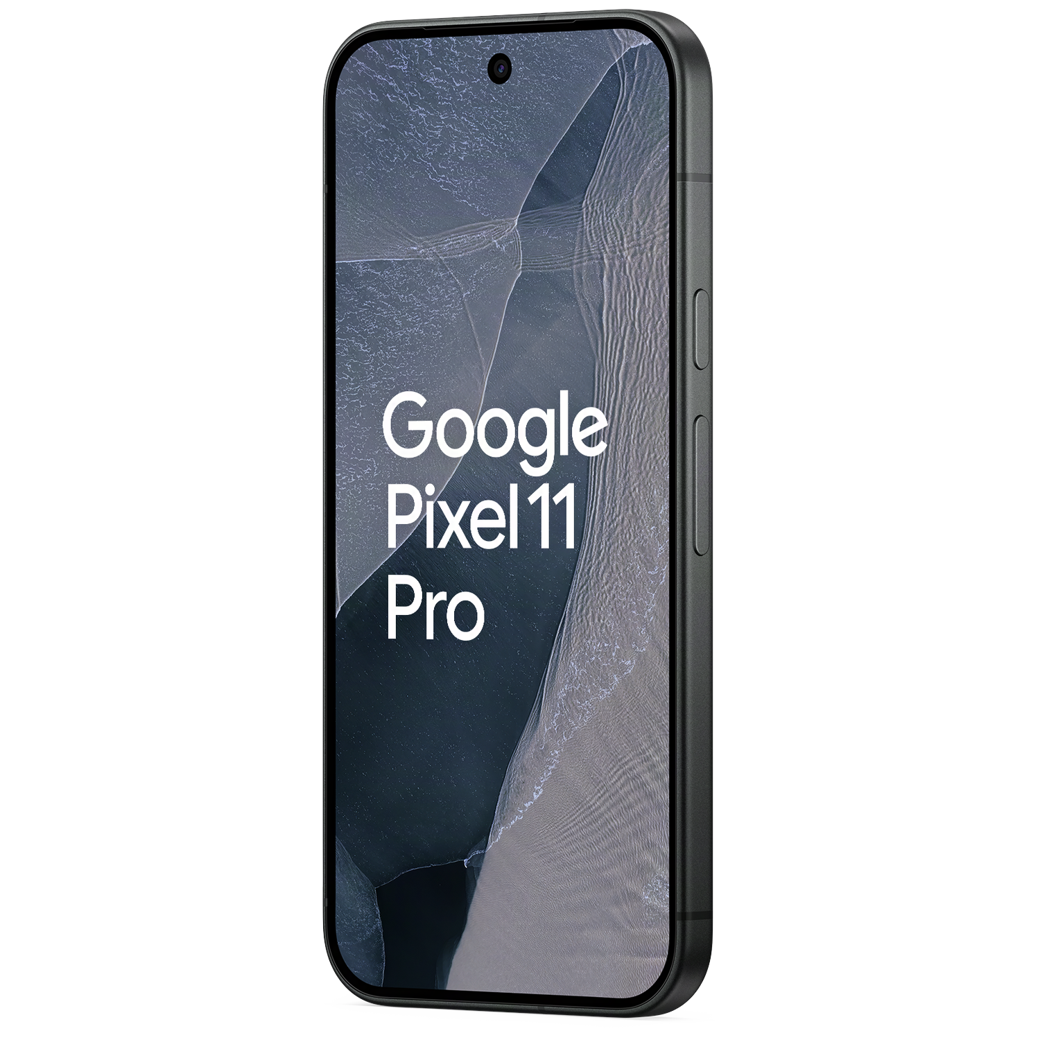 Vooraanzicht van de Google Pixel 11 Pro op een zwarte achtergrond met abstracte achtergrond.