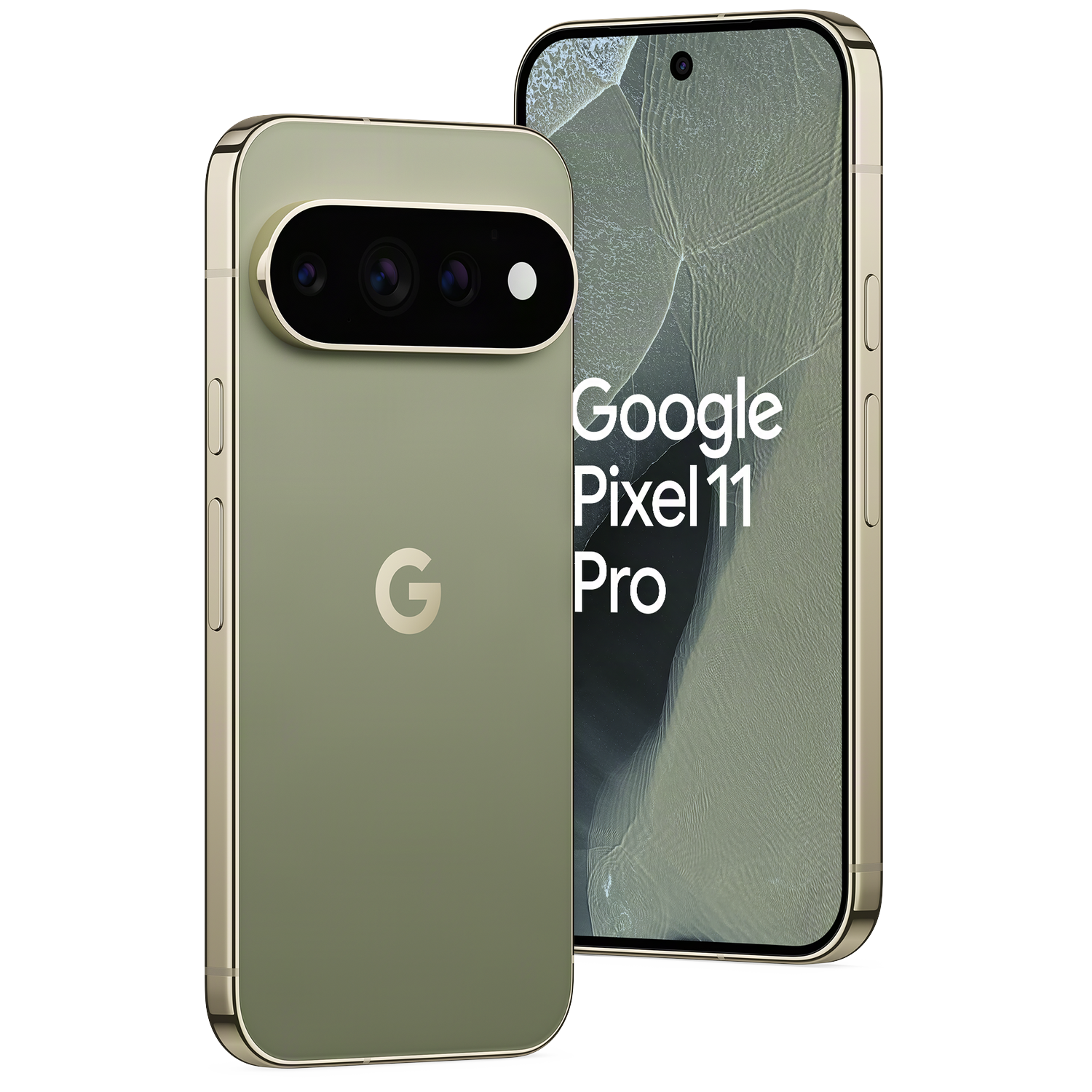 Groene Google Pixel 11 Pro smartphone, voor- en achteraanzicht tegen een zwarte achtergrond.
