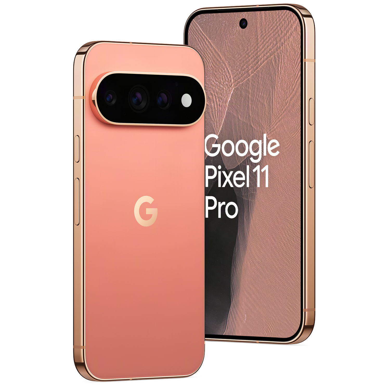 Twee roze Google Pixel 11 Pro smartphones tegen een zwarte achtergrond.