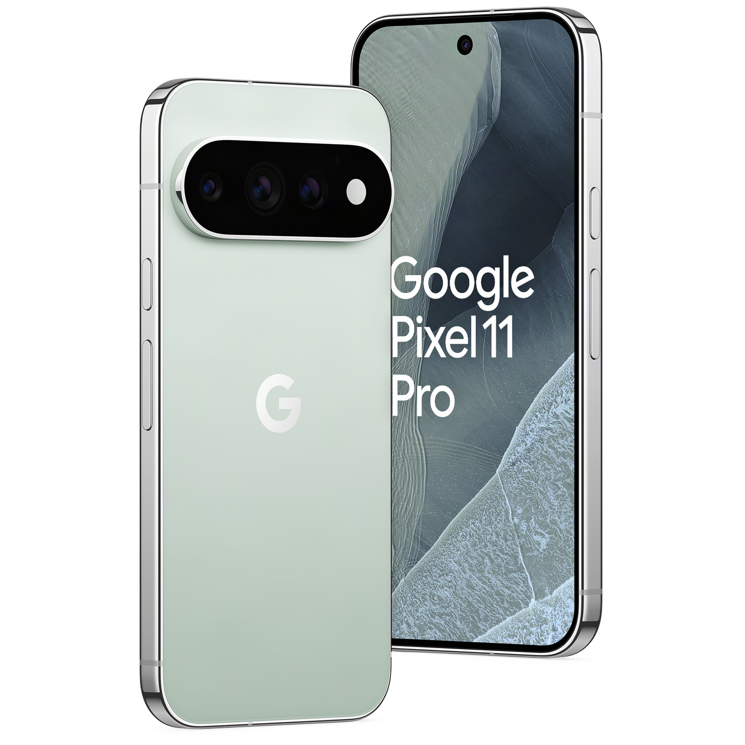 Twee lichtgroene Google Pixel 11 Pro-telefoons tegen een zwarte achtergrond.