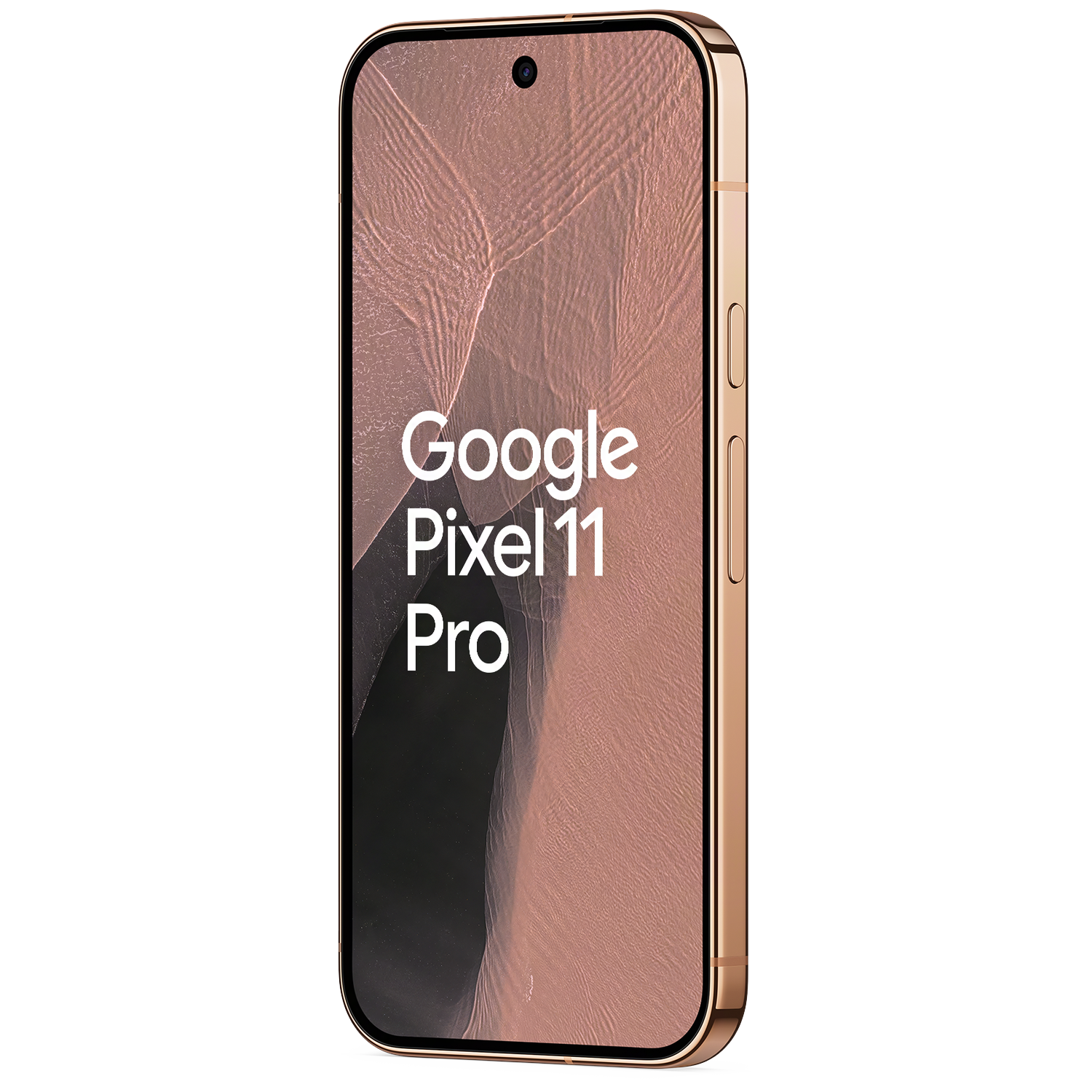 Een roségouden Google Pixel 11 Pro-smartphone toont tekst en een getextureerd ontwerp op het scherm.