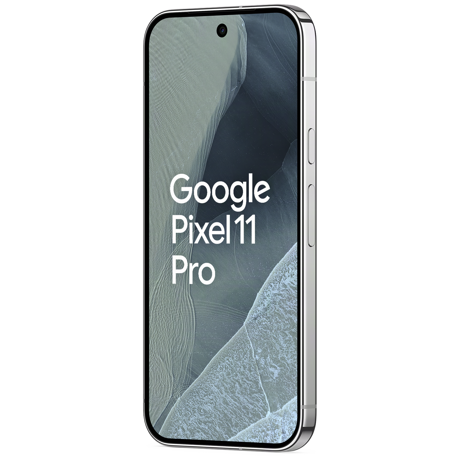 Zilveren Google Pixel 11 Pro smartphone tegen een zwarte achtergrond met tekst op het scherm.