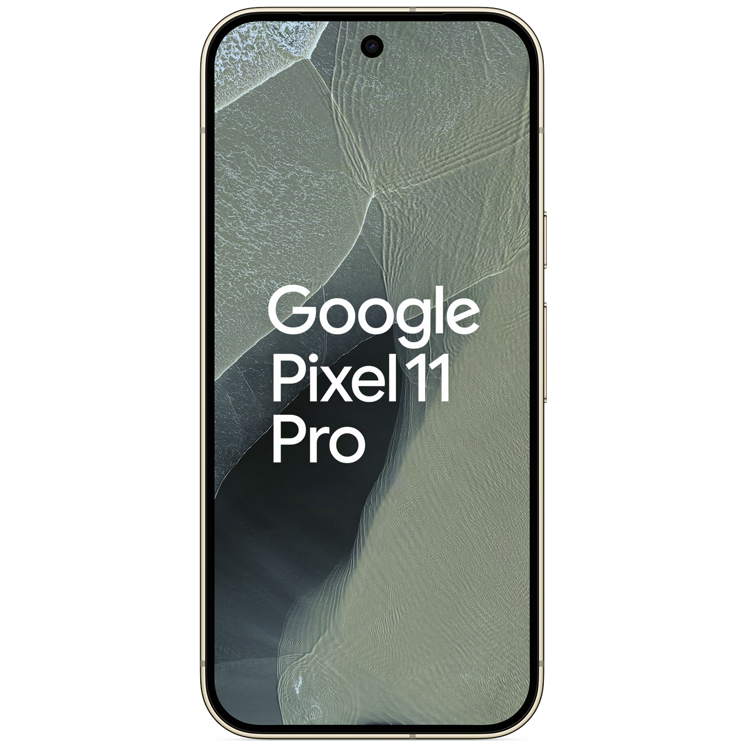 Gouden Google Pixel 11 Pro smartphone met luchtfoto achtergrond.