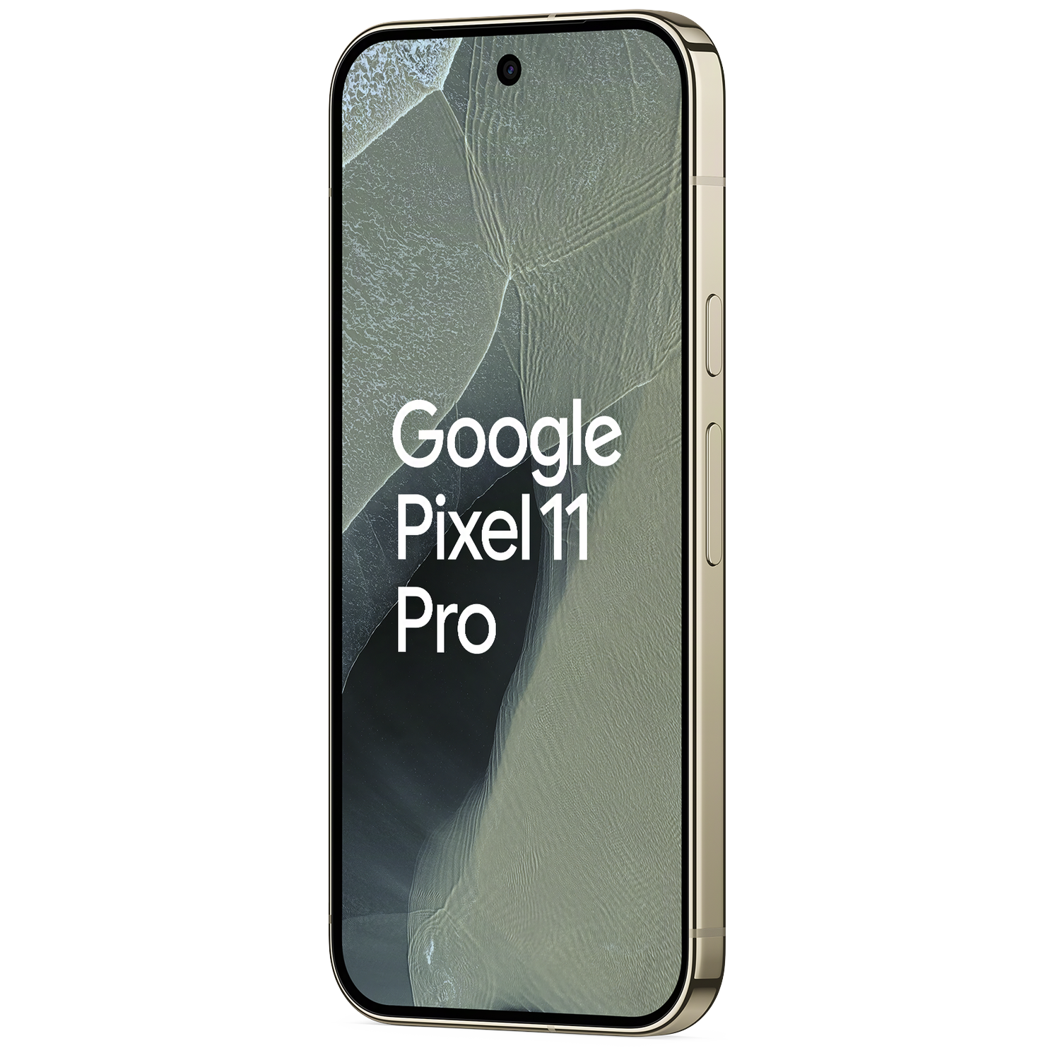Een smartphone met Google Pixel 11 Pro op het scherm tegen een zwarte achtergrond.