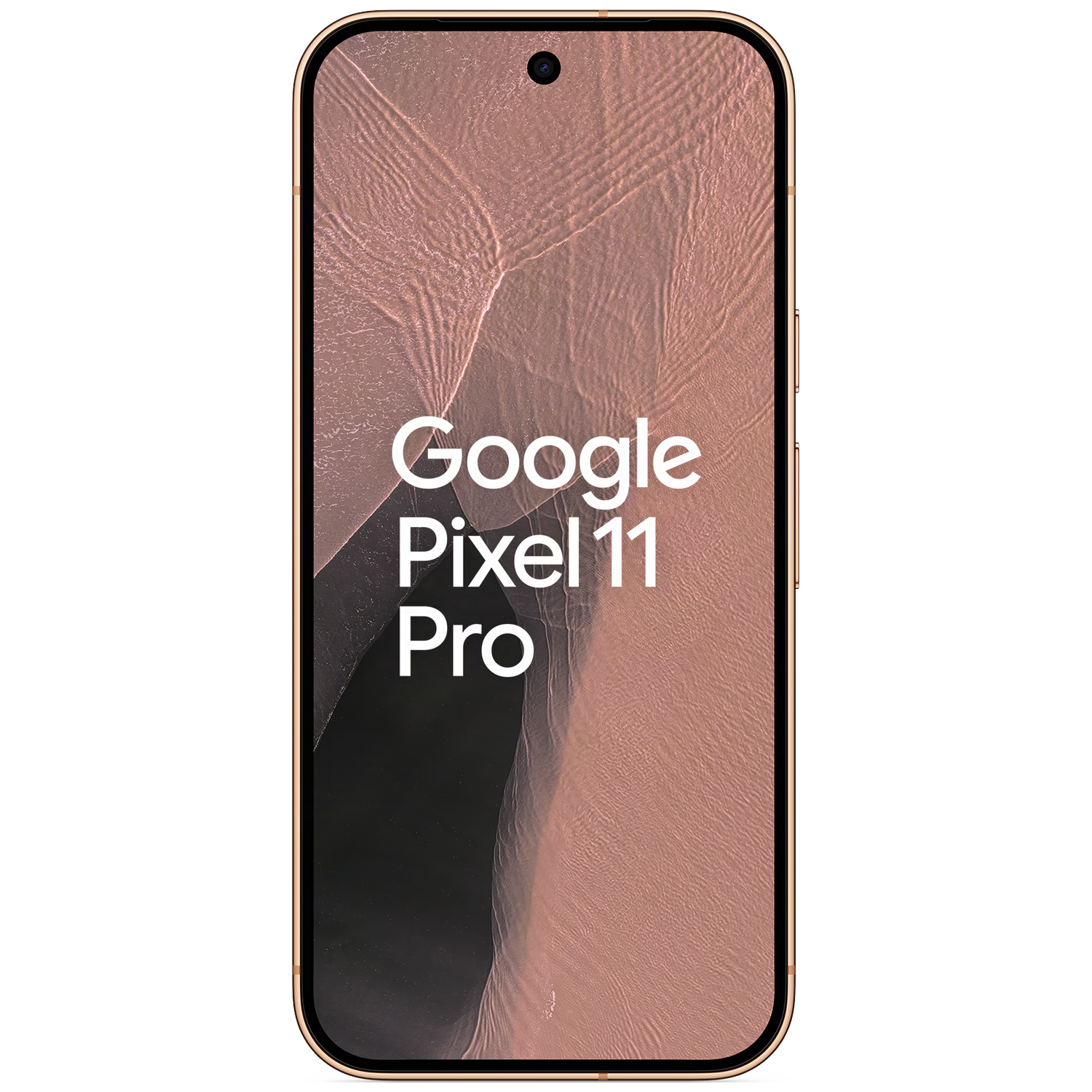 Een goudkleurige Google Pixel 11 Pro smartphone met getextureerde roze achtergrond en witte tekst.