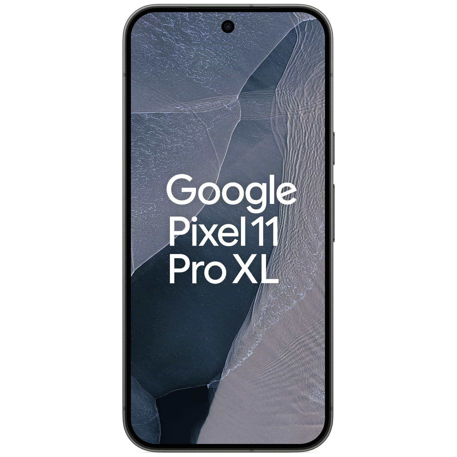 Een zwarte Google Pixel 11 Pro XL-smartphone met een donkere achtergrond en witte tekst op het scherm.