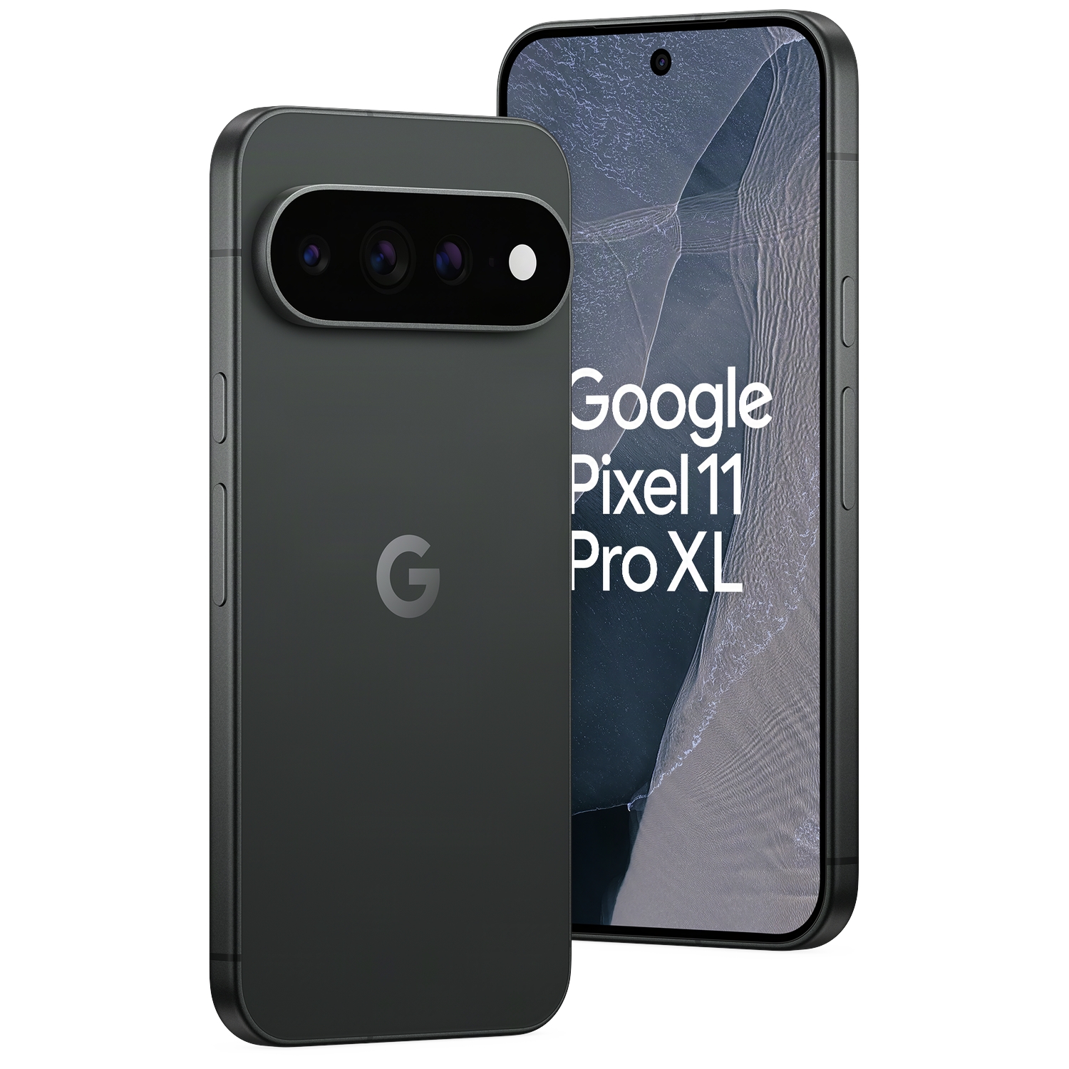 Twee donkergrijze Google Pixel 11 Pro XL-smartphones tegen een zwarte achtergrond.