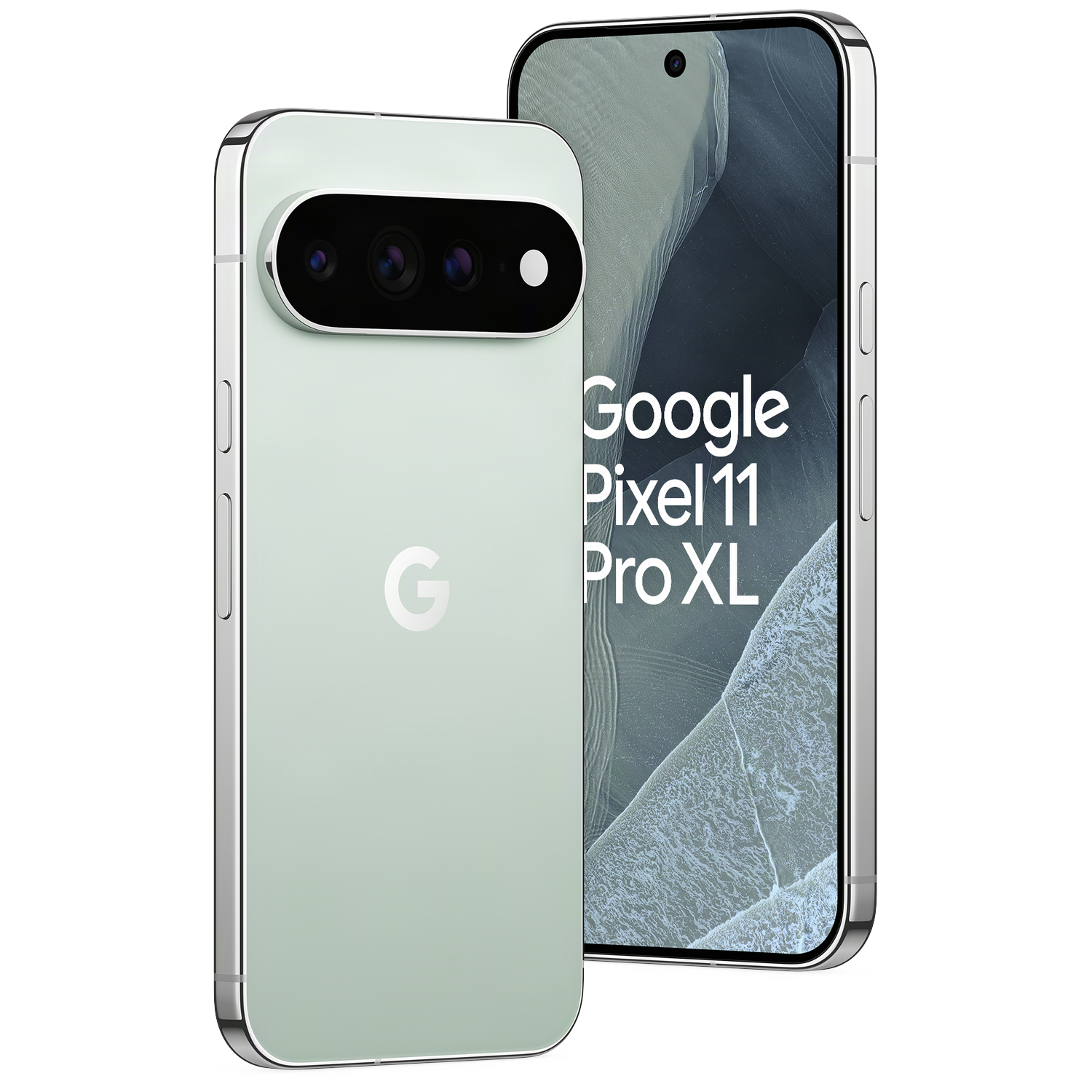 Twee lichtgroene Google Pixel 11 Pro XL-smartphones tegen een zwarte achtergrond.