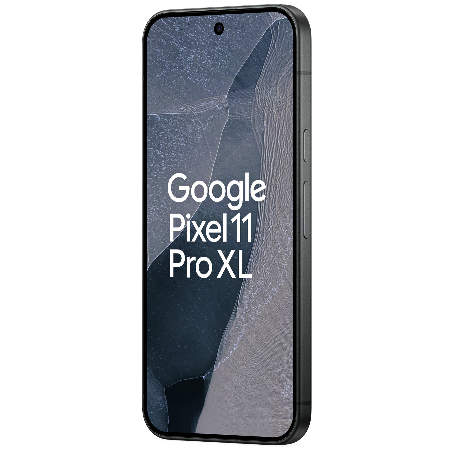 Een donkere Google Pixel 11 Pro XL smartphone met een golvende achtergrond.