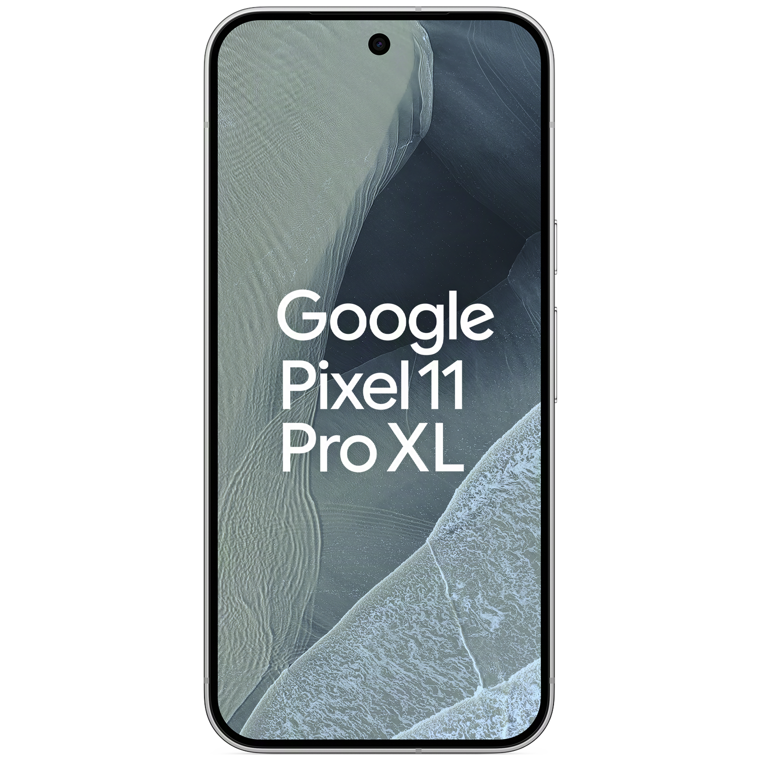 Een smartphone met lichte rand toont de tekst Google Pixel 11 Pro XL tegen een grijze achtergrond.