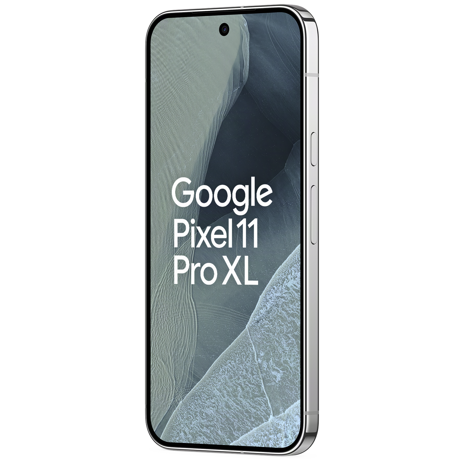 Een zilveren Google Pixel 11 Pro XL-smartphone met een donkere achtergrond en tekst op het scherm.