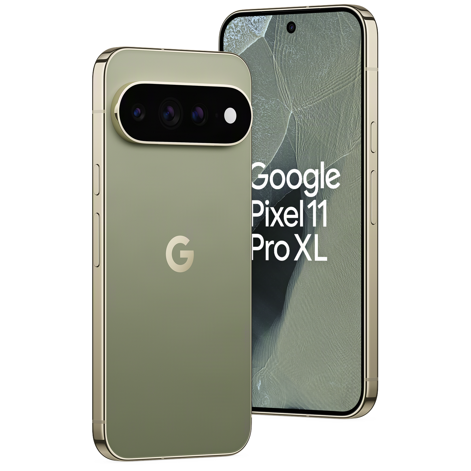 Twee saliegroene Google Pixel-smartphones tegen een zwarte achtergrond, de ene toont de achterkant en de andere de voorkant.