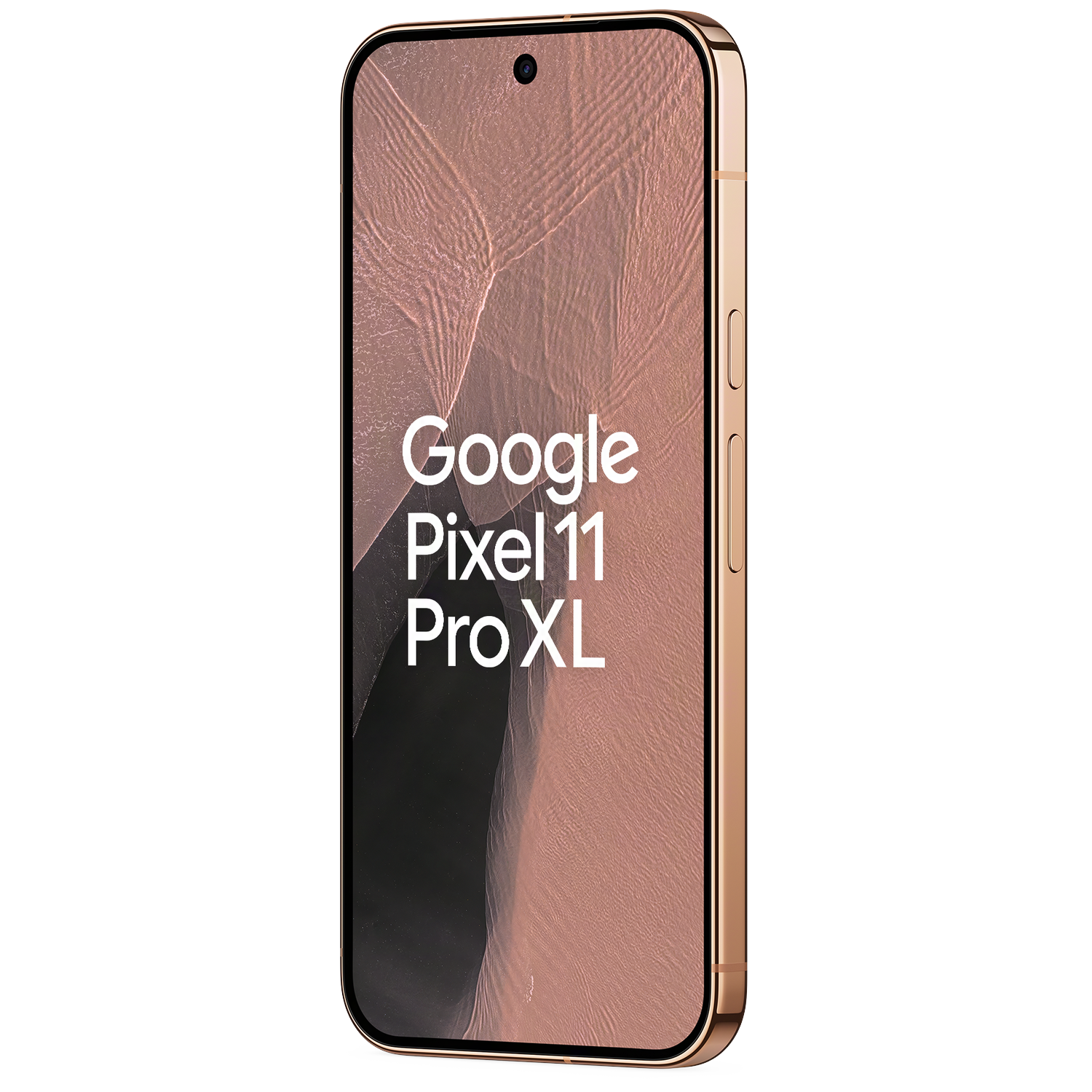 Een roségouden smartphone tegen een zwarte achtergrond met Google Pixel 11 Pro XL op het scherm.