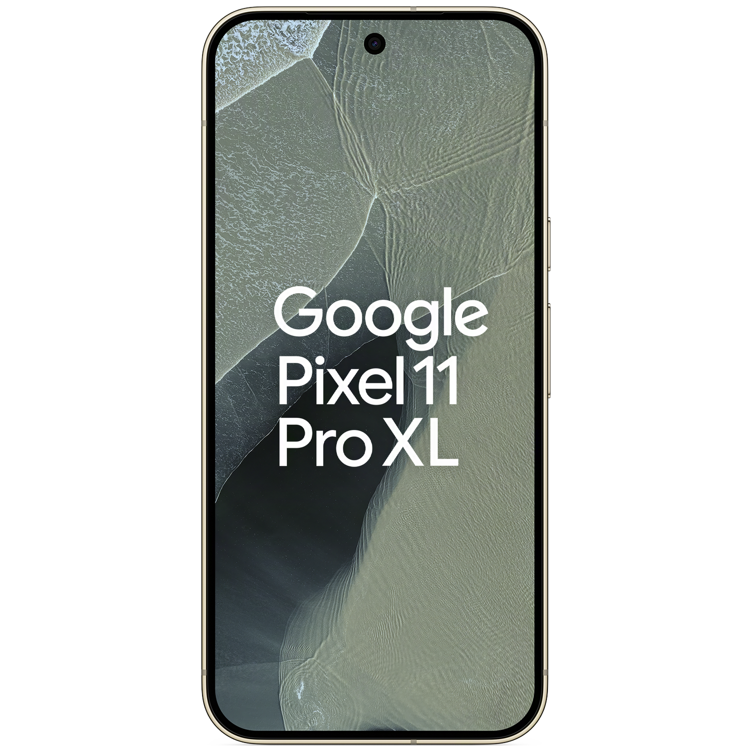 Vooraanzicht van de Google Pixel 11 Pro XL smartphone met een golfachtergrond.