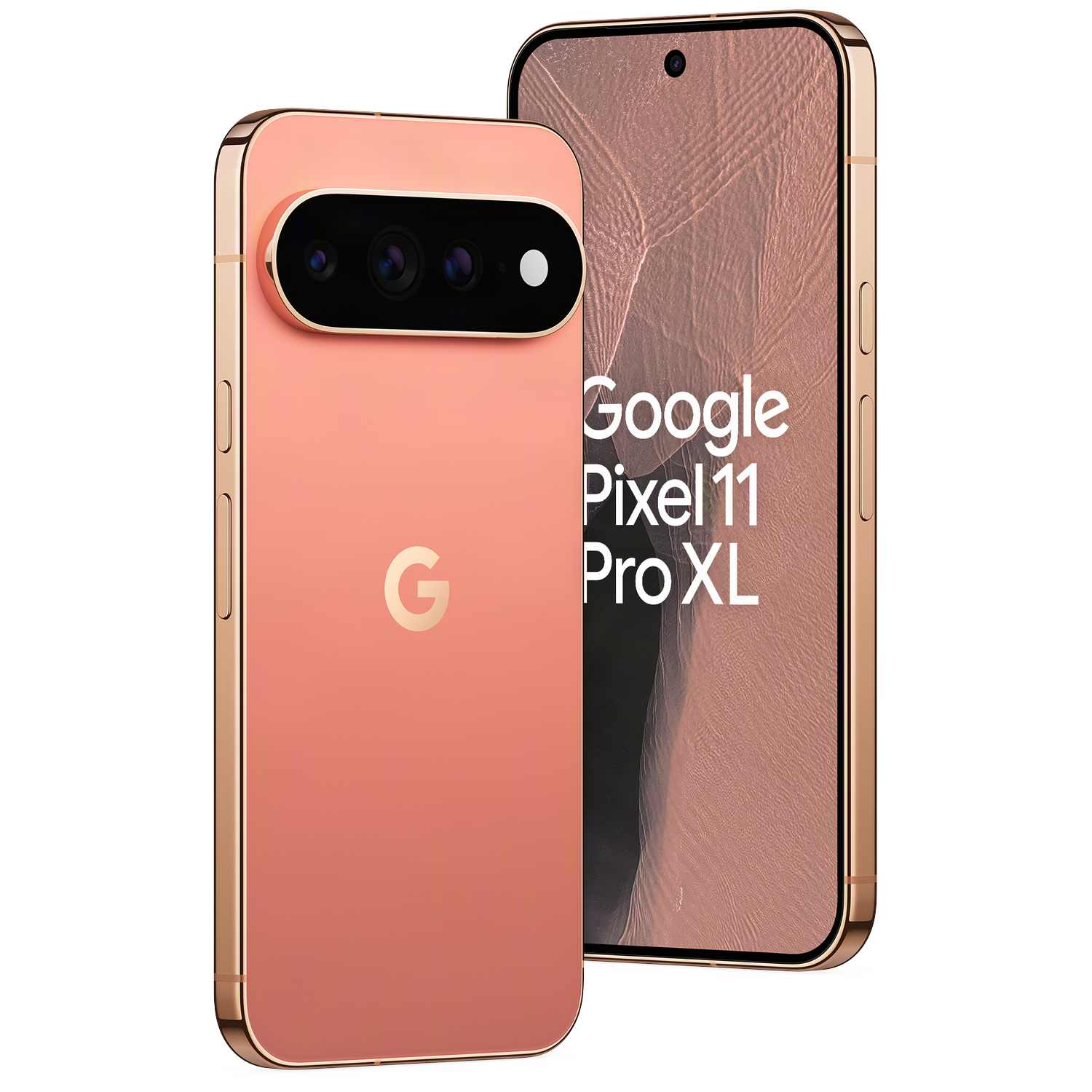 Twee Google Pixel 11 Pro XL-smartphones in roségoud tegen een zwarte achtergrond, voor- en achterkant.