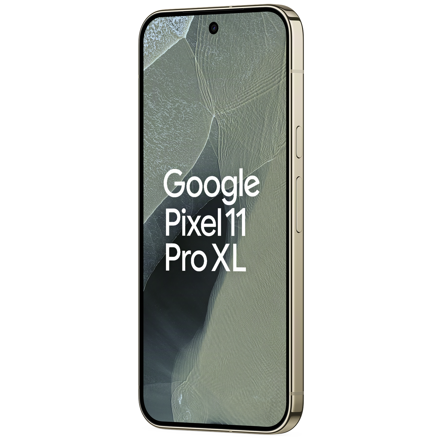 Gouden smartphone met afgeronde hoeken en de tekst Google Pixel 11 Pro XL op het scherm.