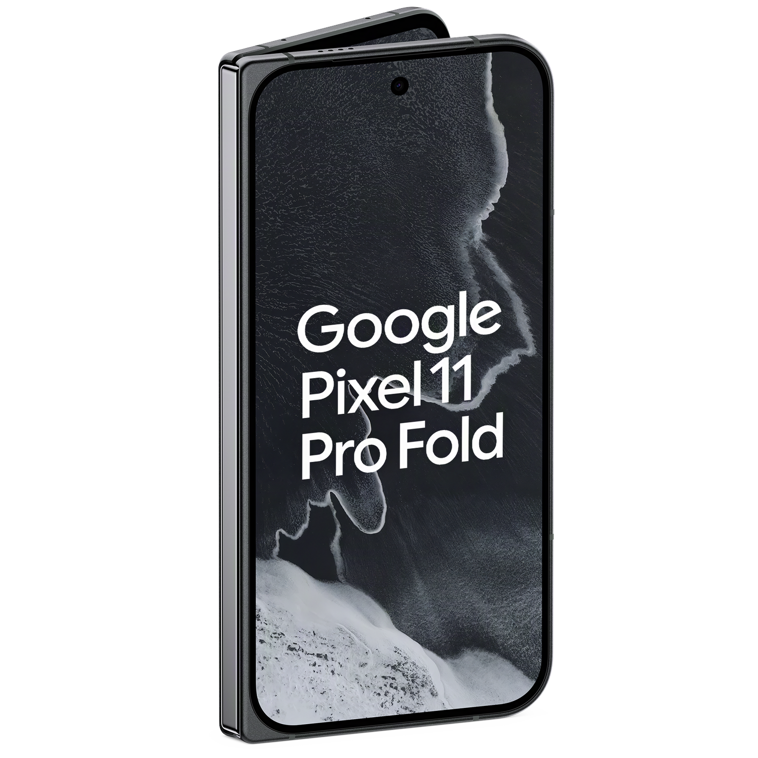 Een licht geopend Google Pixel 11 Pro Fold smartphone tegen een donkere achtergrond.