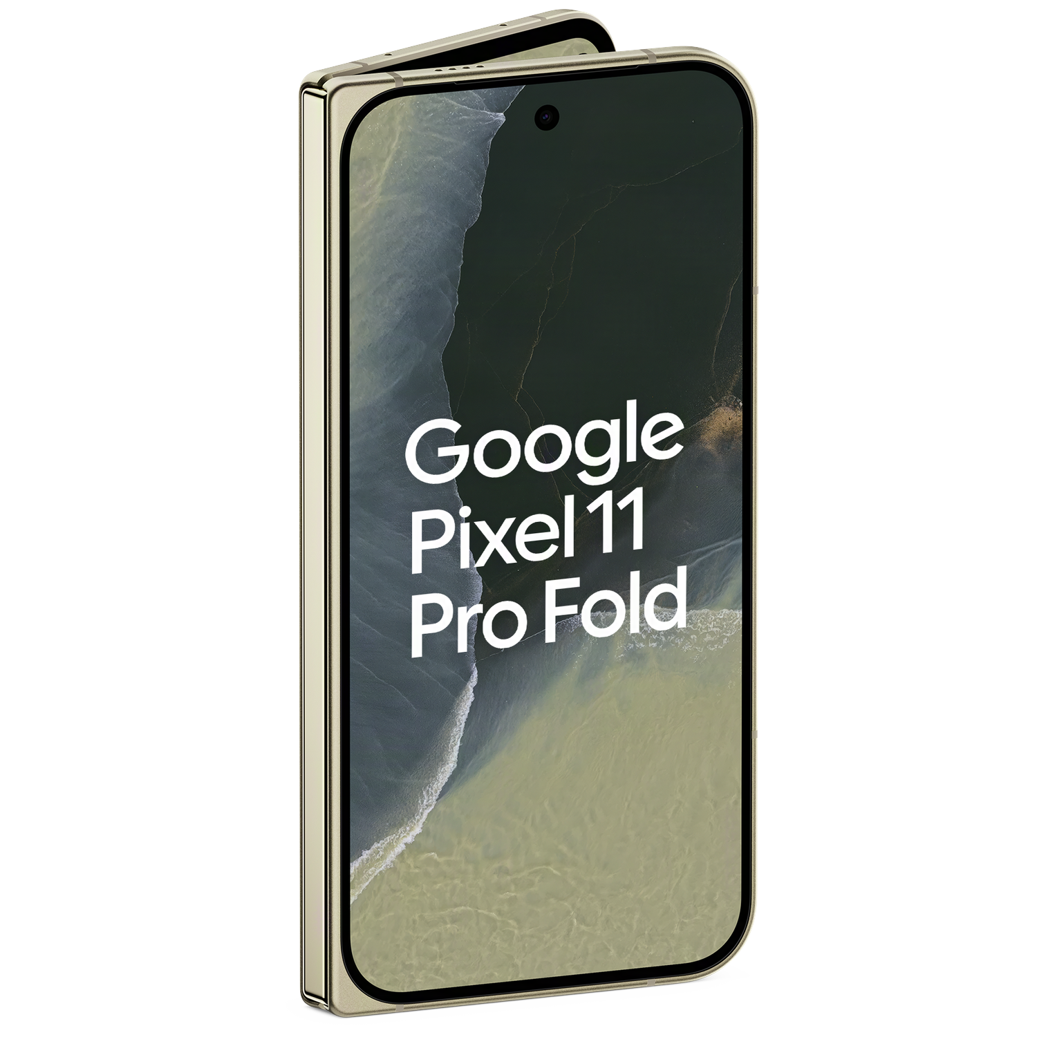 Een goudkleurige opvouwbare Google Pixel 11 Pro Fold smartphone tegen een donkere achtergrond.