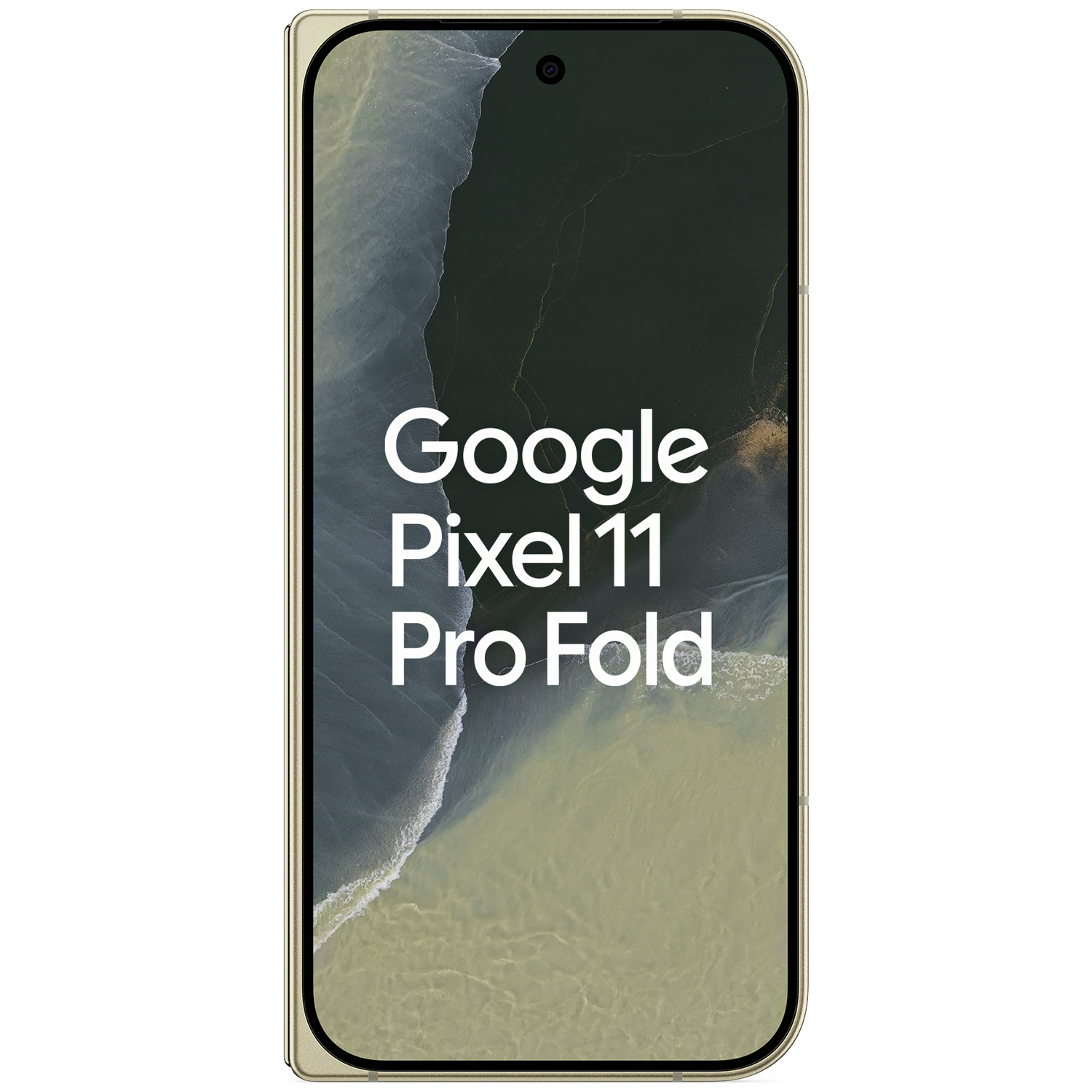 Een smartphone met gouden rand toont Google Pixel 11 Pro Fold op een achtergrond van golven.
