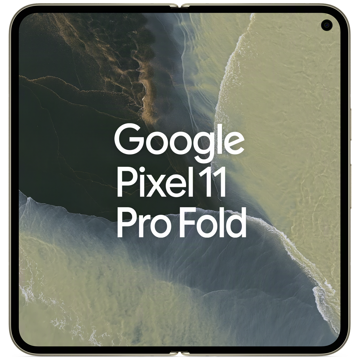 Een vouwbare smartphone met Google Pixel 11 Pro Fold tekst boven golvende wateren.