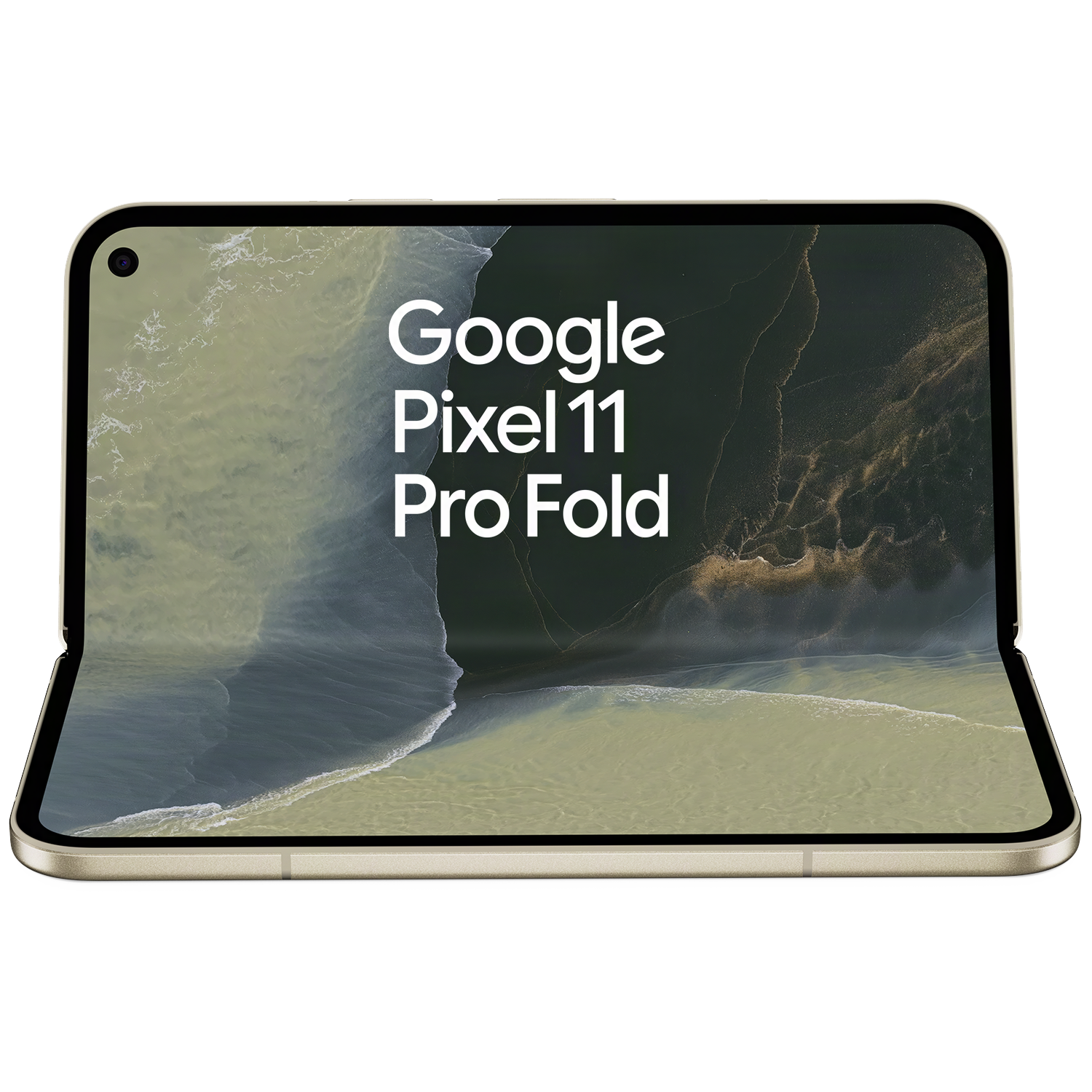 Een uitgevouwen Google Pixel 11 Pro Fold-smartphone met een natuurlijke achtergrondgrafiek op het flexibele scherm.