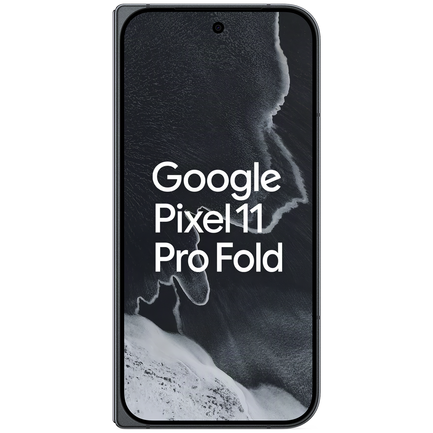 Een gesloten Google Pixel 11 Pro Fold smartphone tegen een donkere achtergrond met witte tekst.