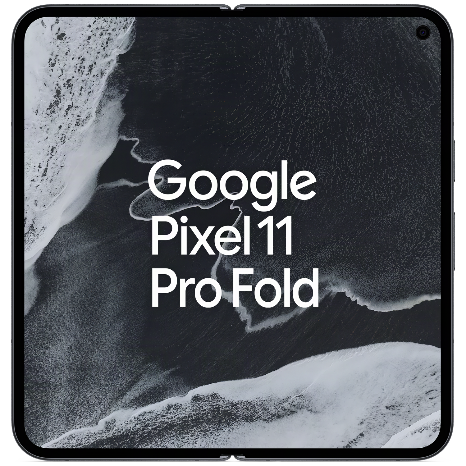 Een opvouwbare smartphone met golfachtergrond en tekst Google Pixel 11 Pro Fold.