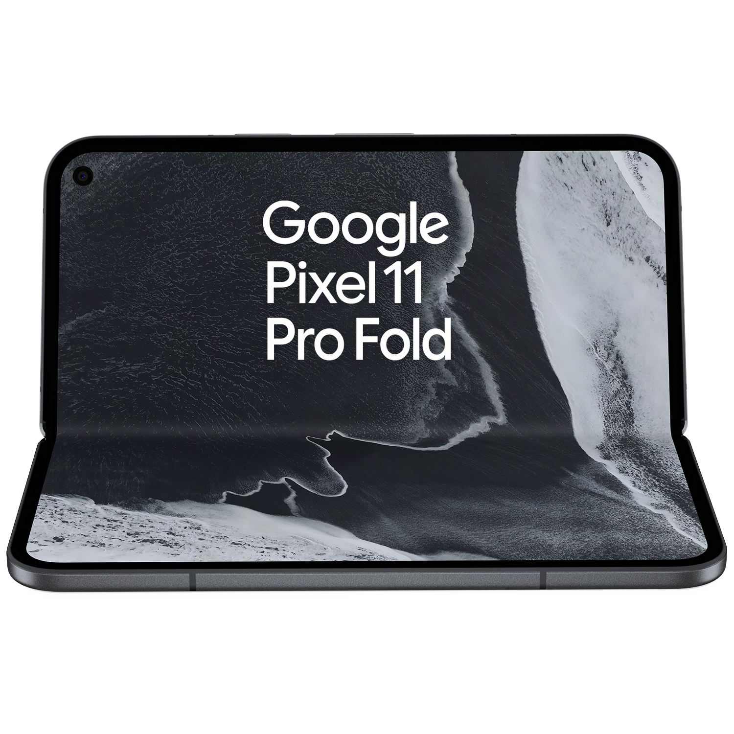 Een uitgevouwen Google Pixel 11 Pro Fold smartphone tegen een zwarte achtergrond met zwart-wit golfpatroon.