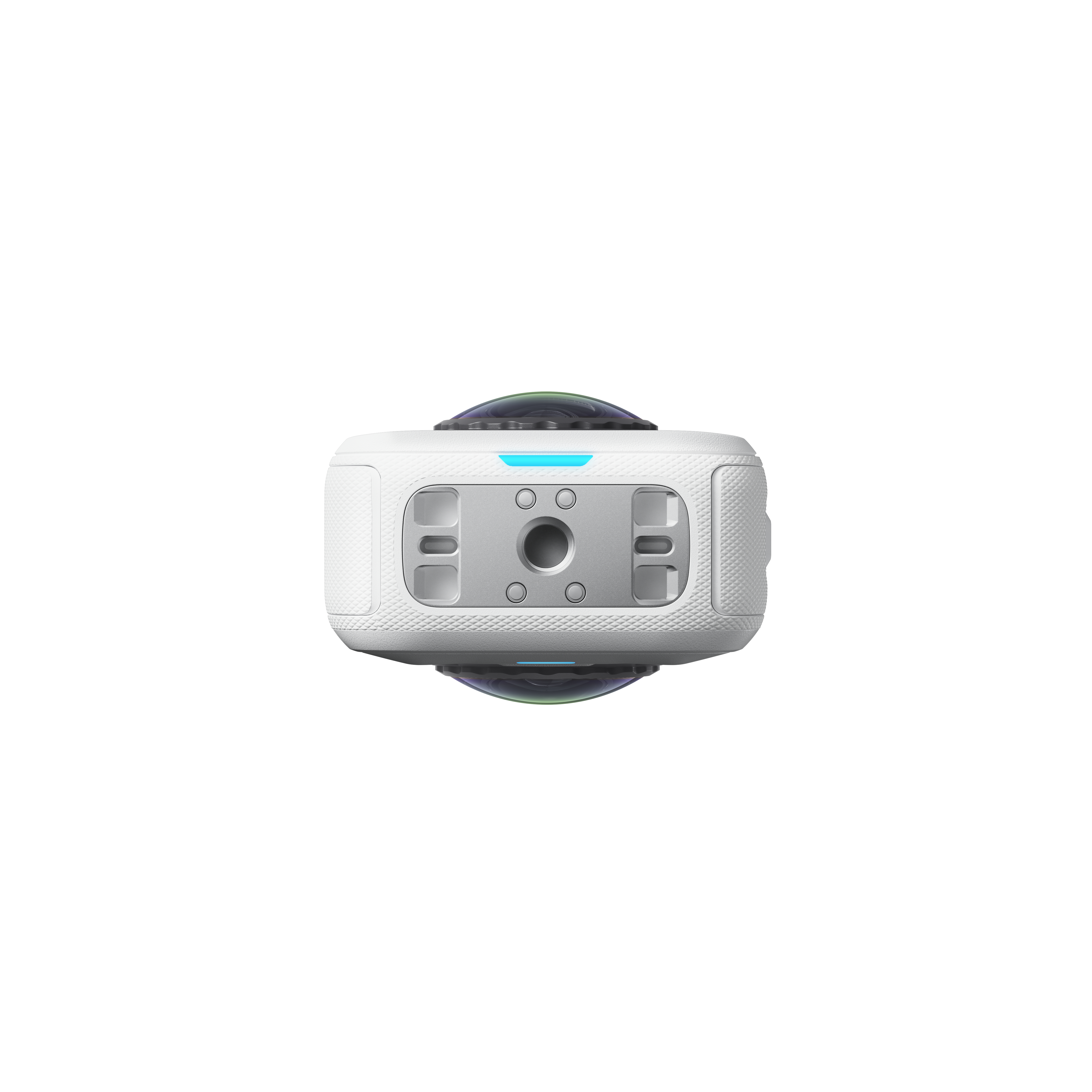 Weiße 360-Grad-Kamera mit Montageplatte und blauer LED-Anzeige auf weißem Hintergrund.