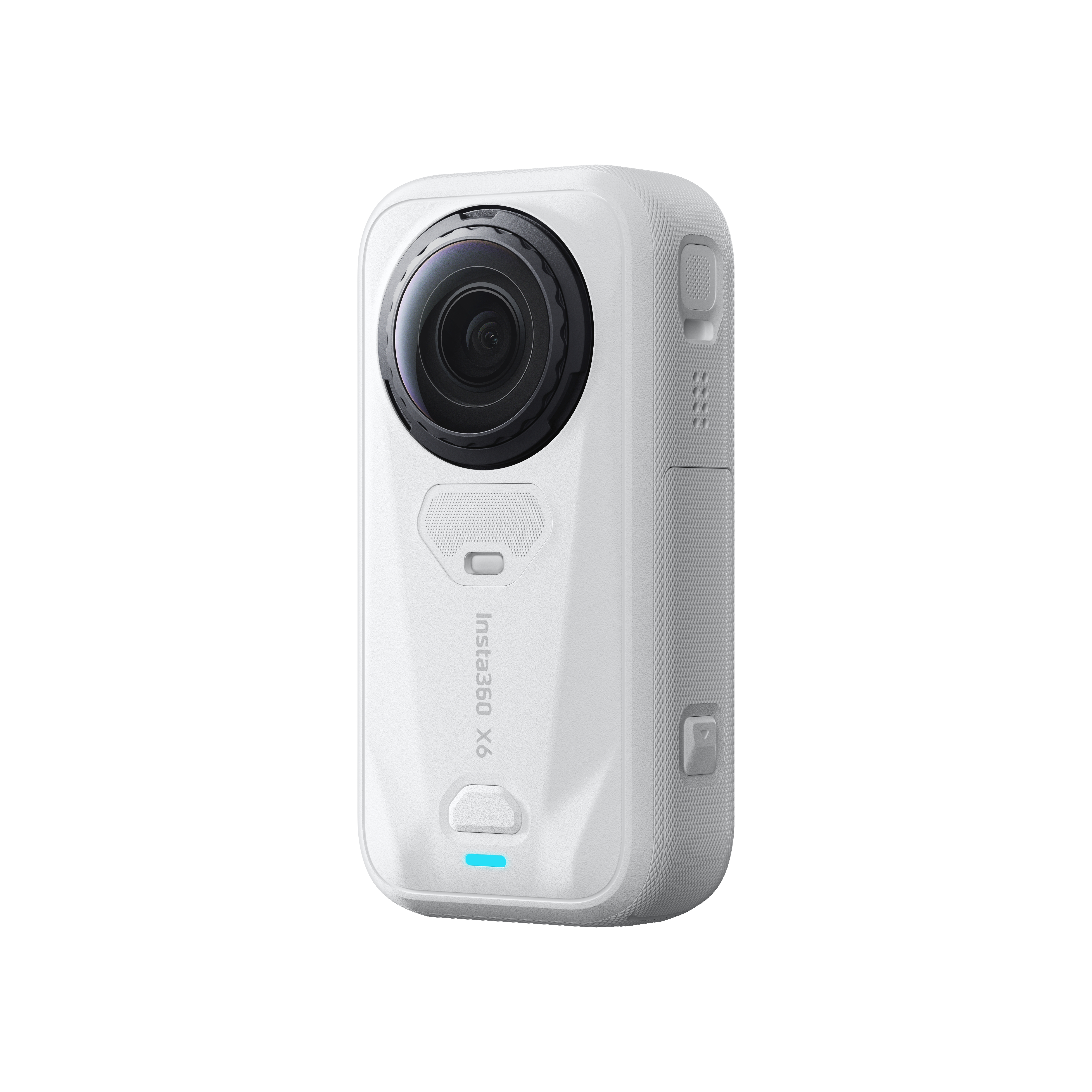 Eine weiße Insta360 X6 Action-Kamera mit großer runder Linse, Mikrofon, Knöpfen und blauer LED auf weißem Hintergrund.