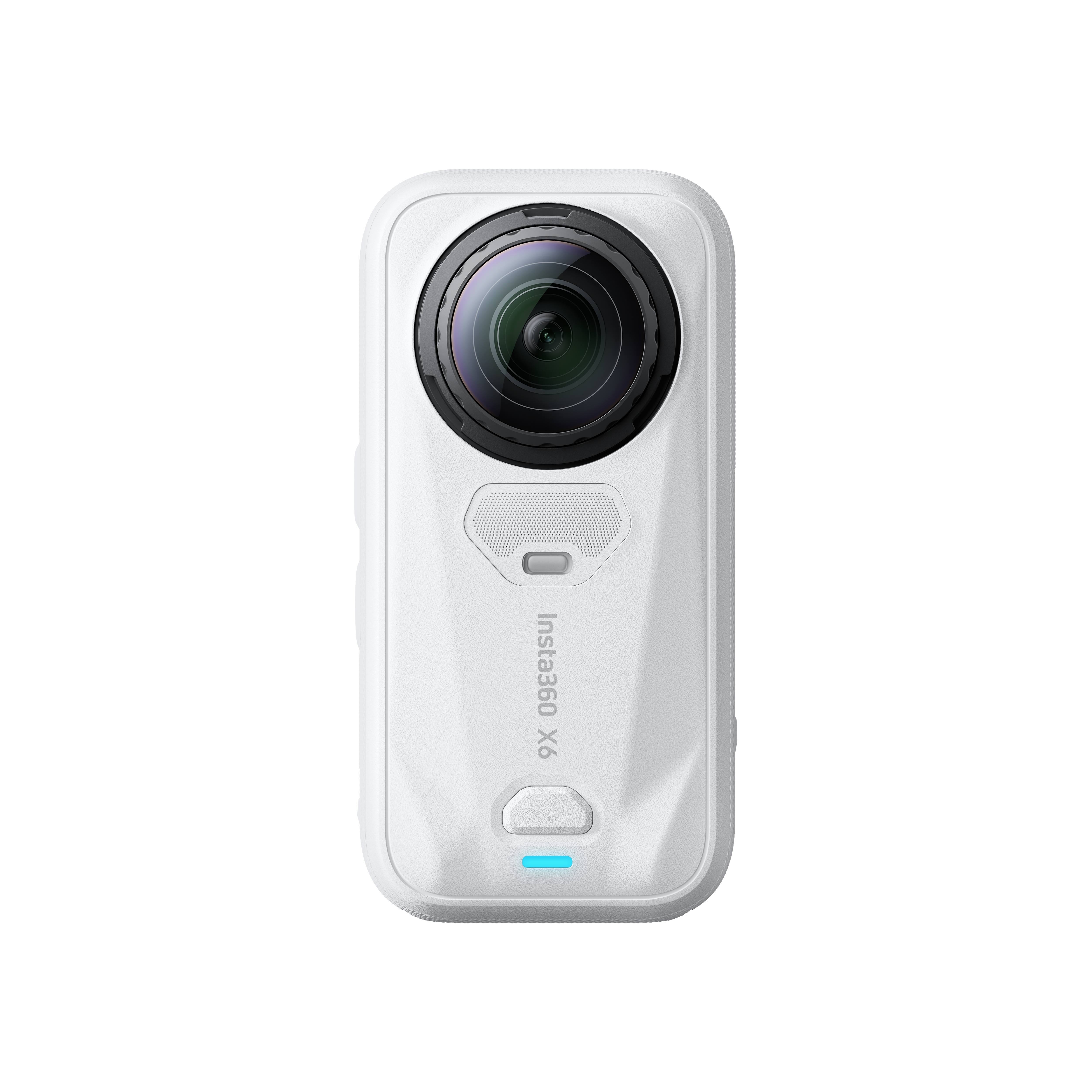 Weiße Insta360 X6 Action-Kamera mit großer runder Linse, Frontlautsprecher und blauem LED-Licht auf weißem Hintergrund.