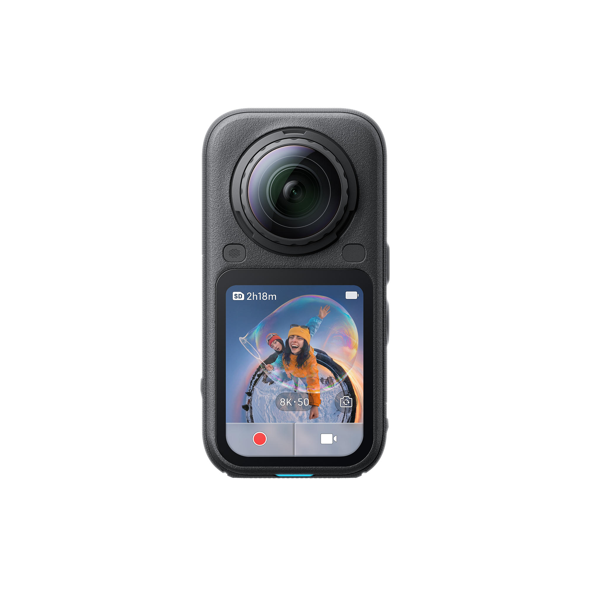 Eine schwarze Action-Kamera mit runder Linse und Touchscreen zeigt zwei Personen in einer Seifenblase.