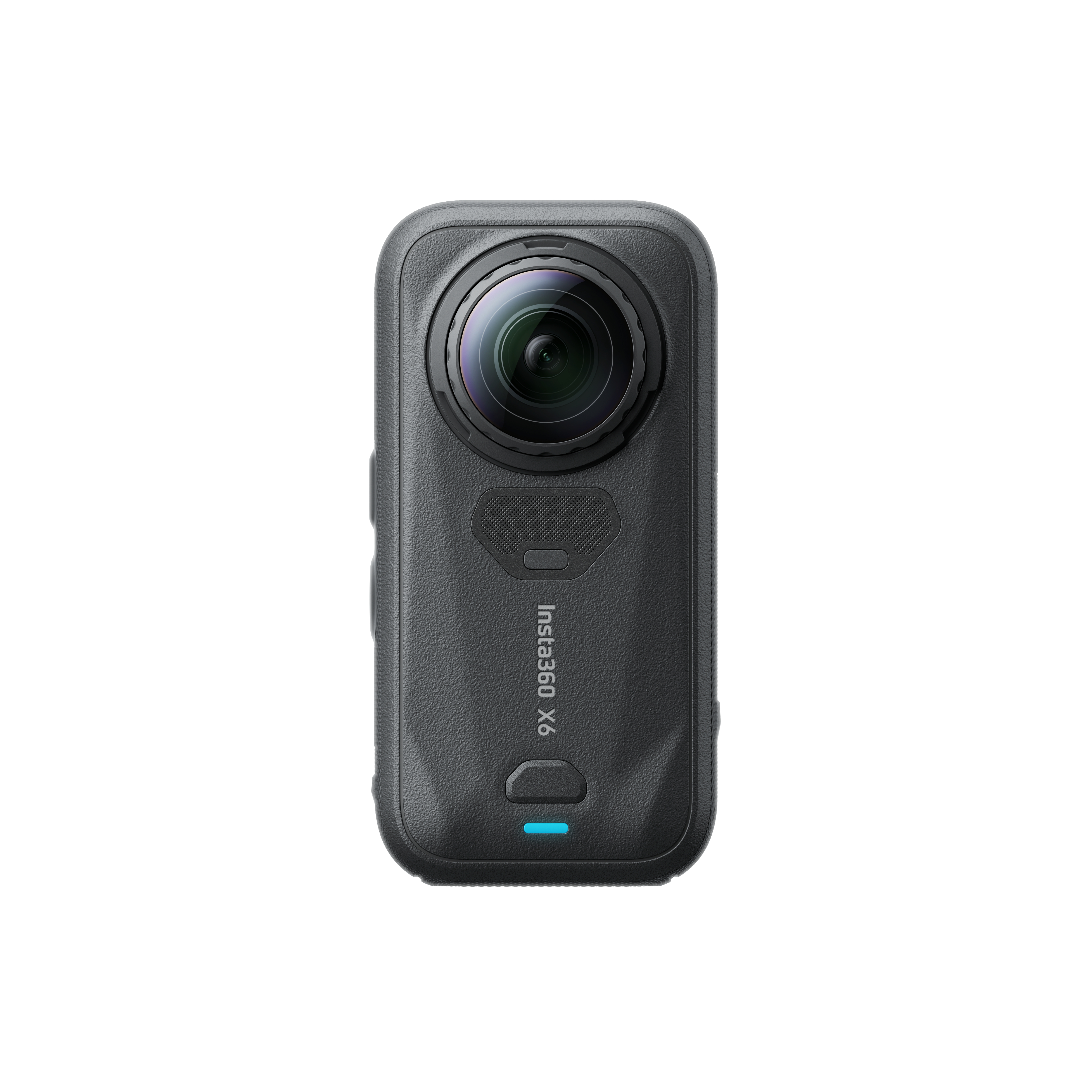 Eine schwarze Insta360 X6 Action-Kamera mit Linse und Logo auf einem weißen Hintergrund.