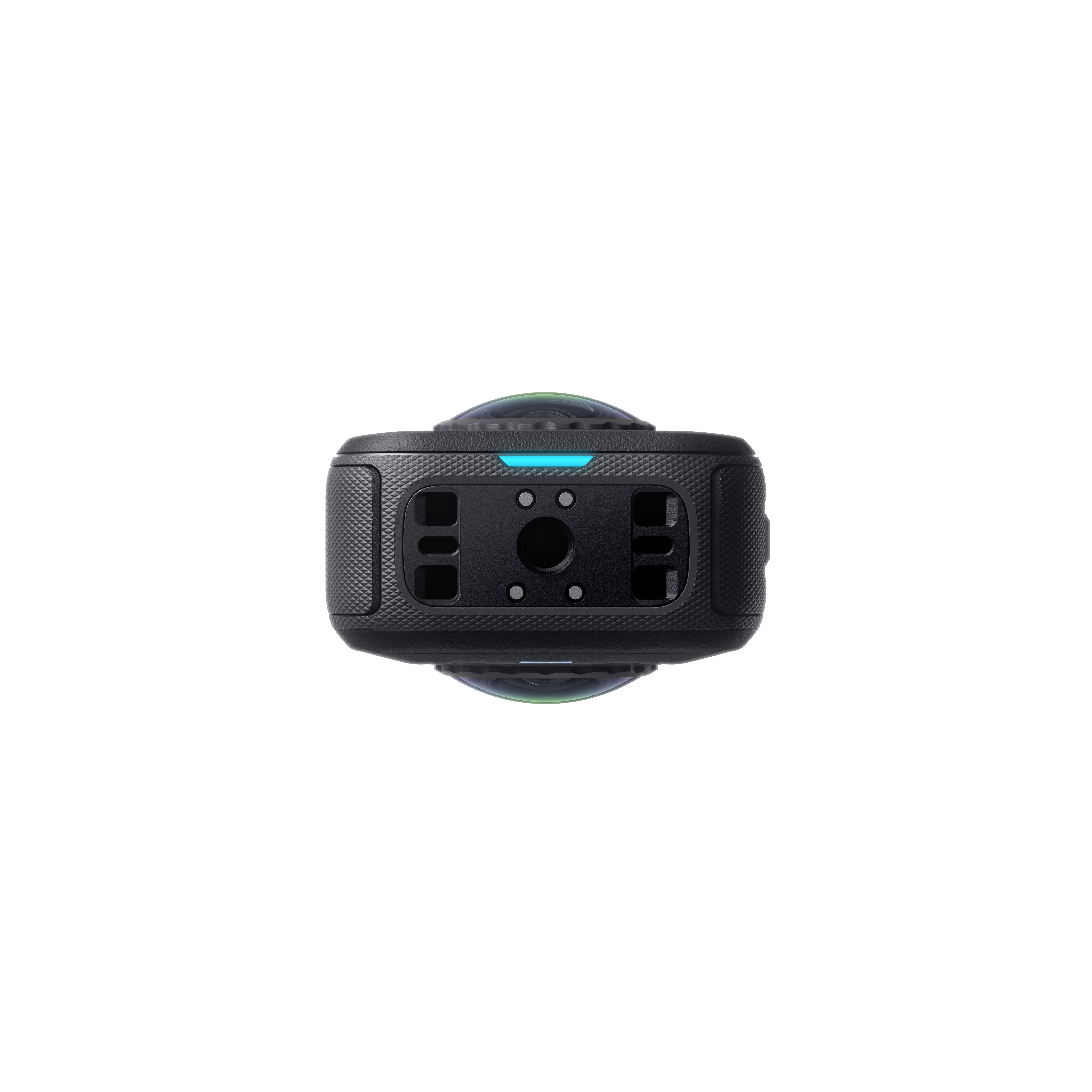 Schwarze 360-Grad-Kamera von unten auf weißem Grund mit Montageplatte und blauer LED-Leuchte.