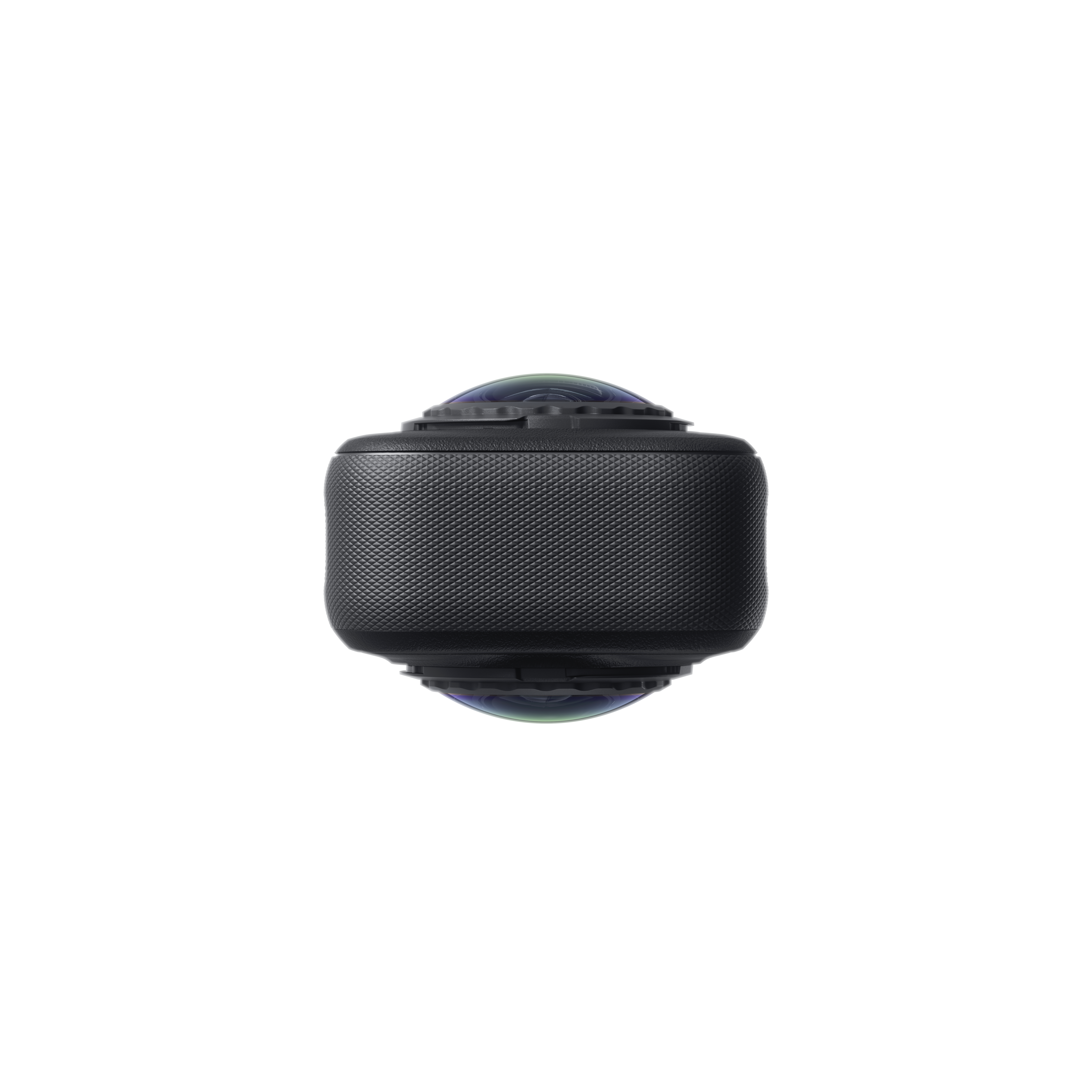 Eine schwarze 360-Grad-Kamera mit strukturiertem Griff und zwei gewölbten Linsen vor weißem Hintergrund.