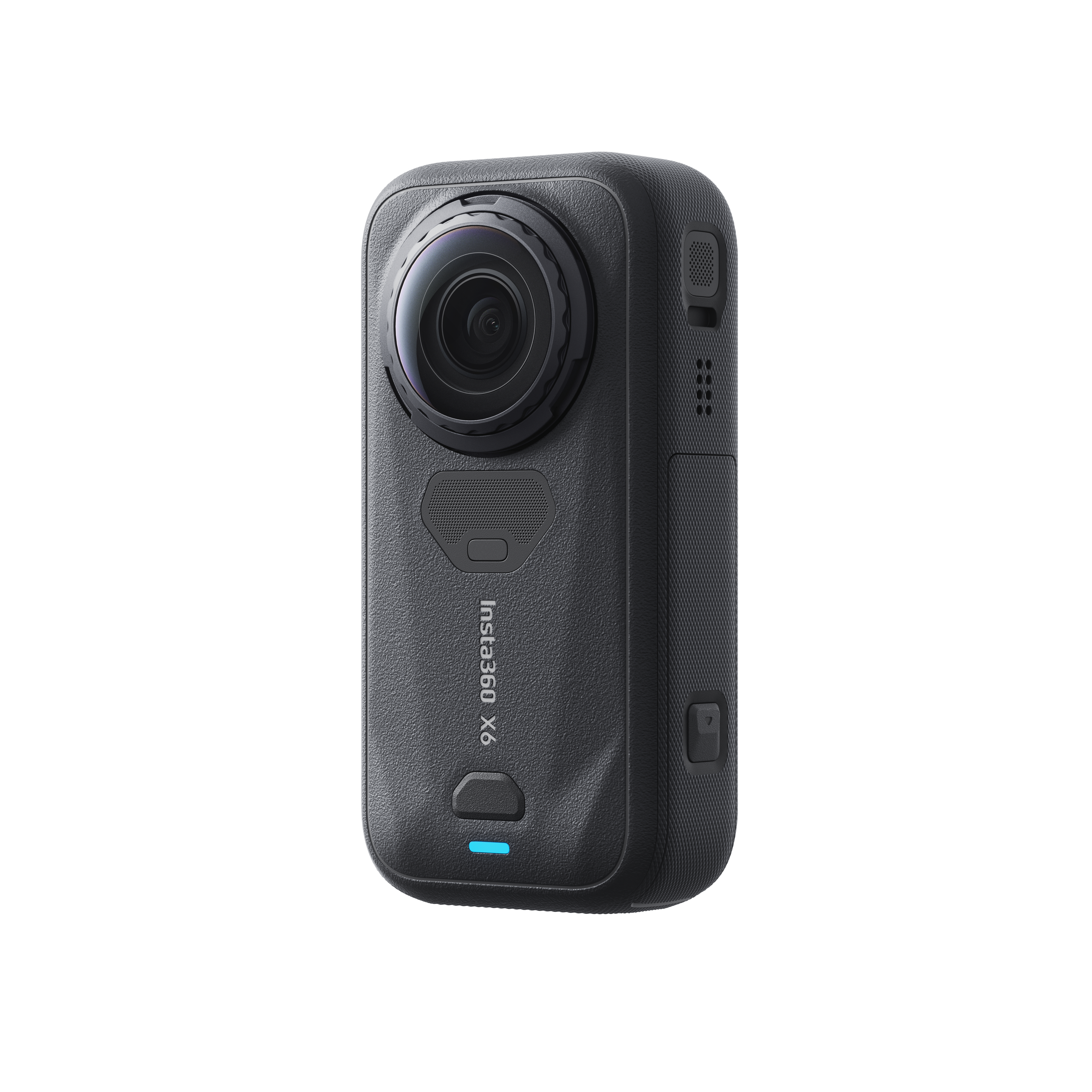 Eine schwarze Insta360 X3 Action-Kamera mit einer markanten Frontlinse vor weißem Hintergrund.