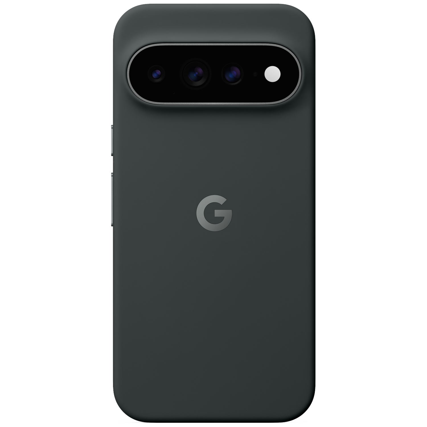 Achterkant van een donkere smartphone met drievoudige camera en Google-logo tegen zwarte achtergrond.