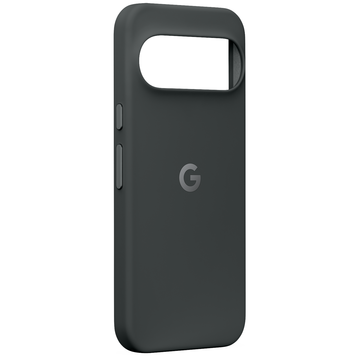 Donkergrijze Google Pixel beschermhoes met een verhoogd G-logo.