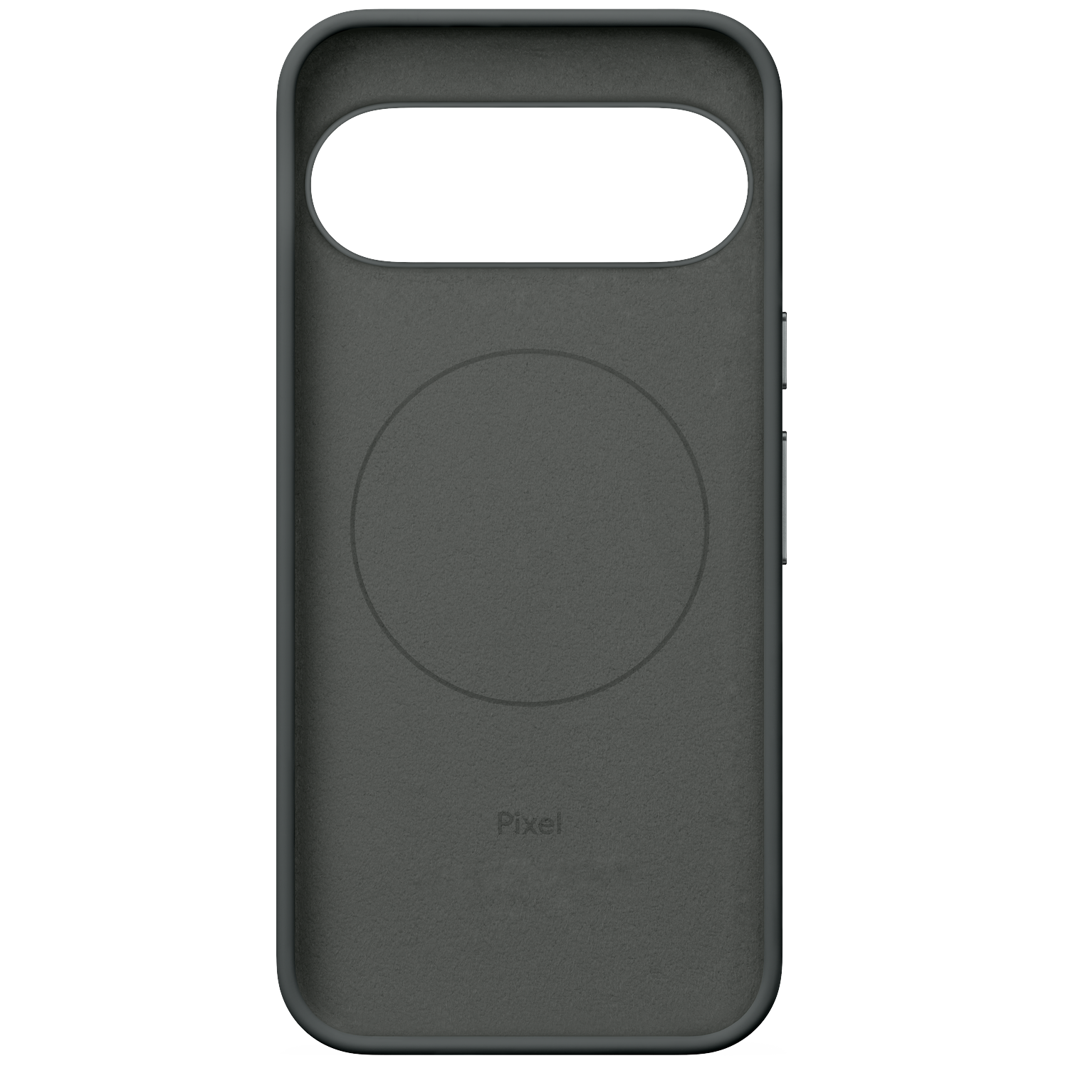 Zwarte Google Pixel smartphonehoes met cirkelvormige markering en Pixel-logo aan de binnenzijde.