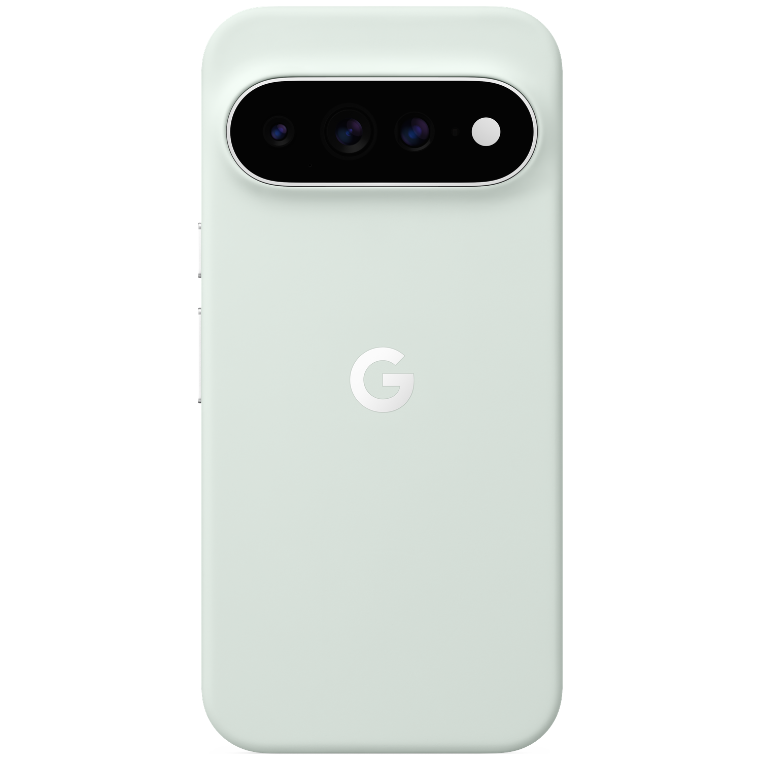 Achterkant van een lichtgroene smartphone met een horizontale drievoudige cameramodule en Google-logo.