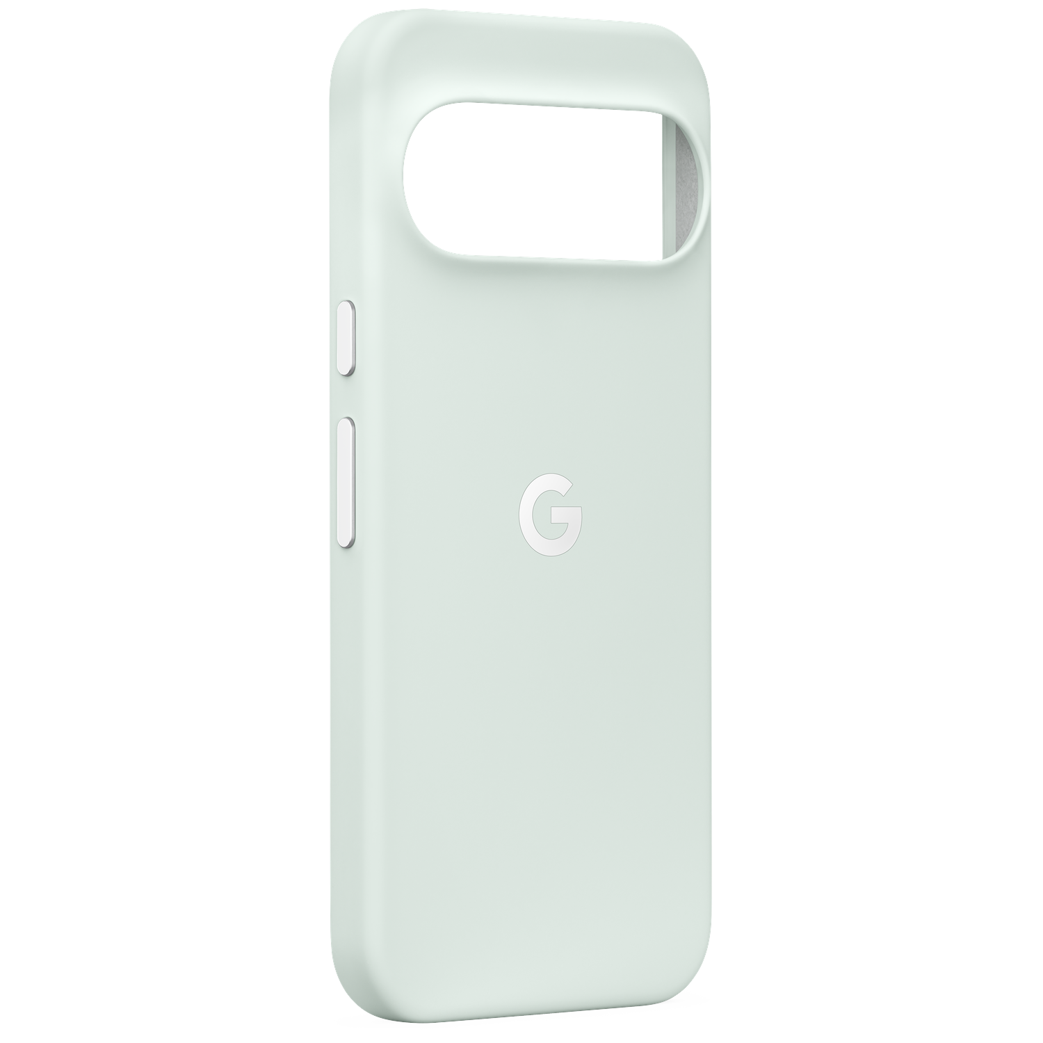 Lichtgroene beschermende telefoonhoes met Google-logo op de achterkant tegen een zwarte achtergrond.