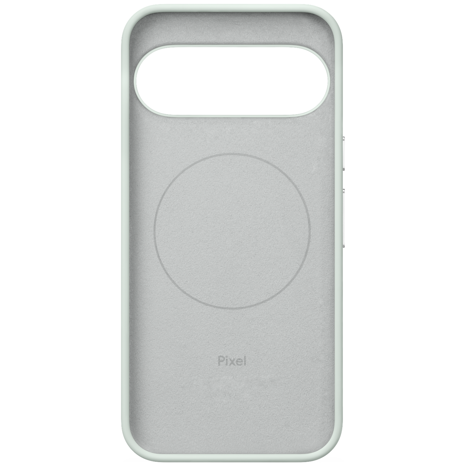 De binnenkant van een lichtgroene Pixel-telefoonhoes met cirkelvormige magneet.