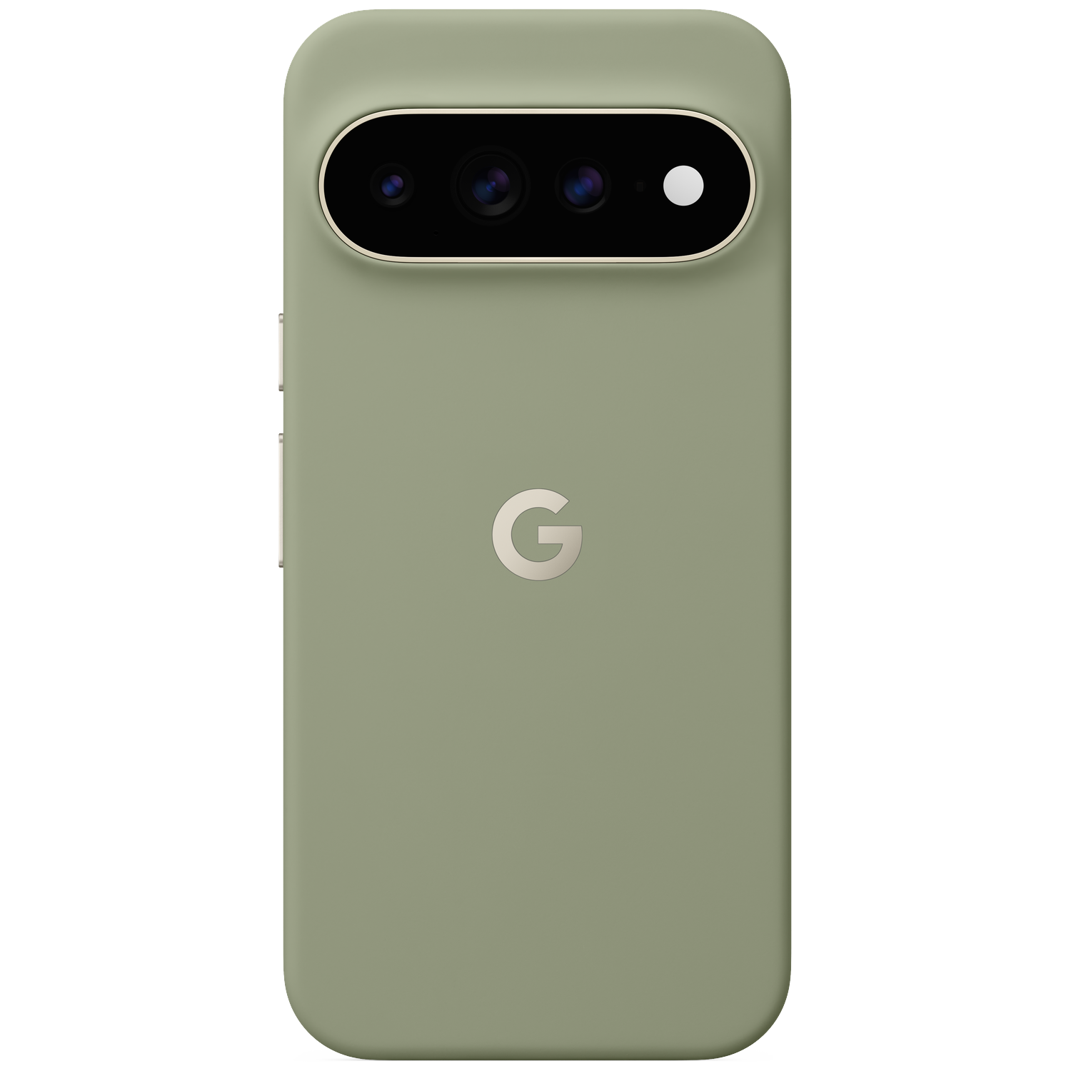 Achterkant van een groene smartphone met drie camera's en het Google-logo tegen een zwarte achtergrond.